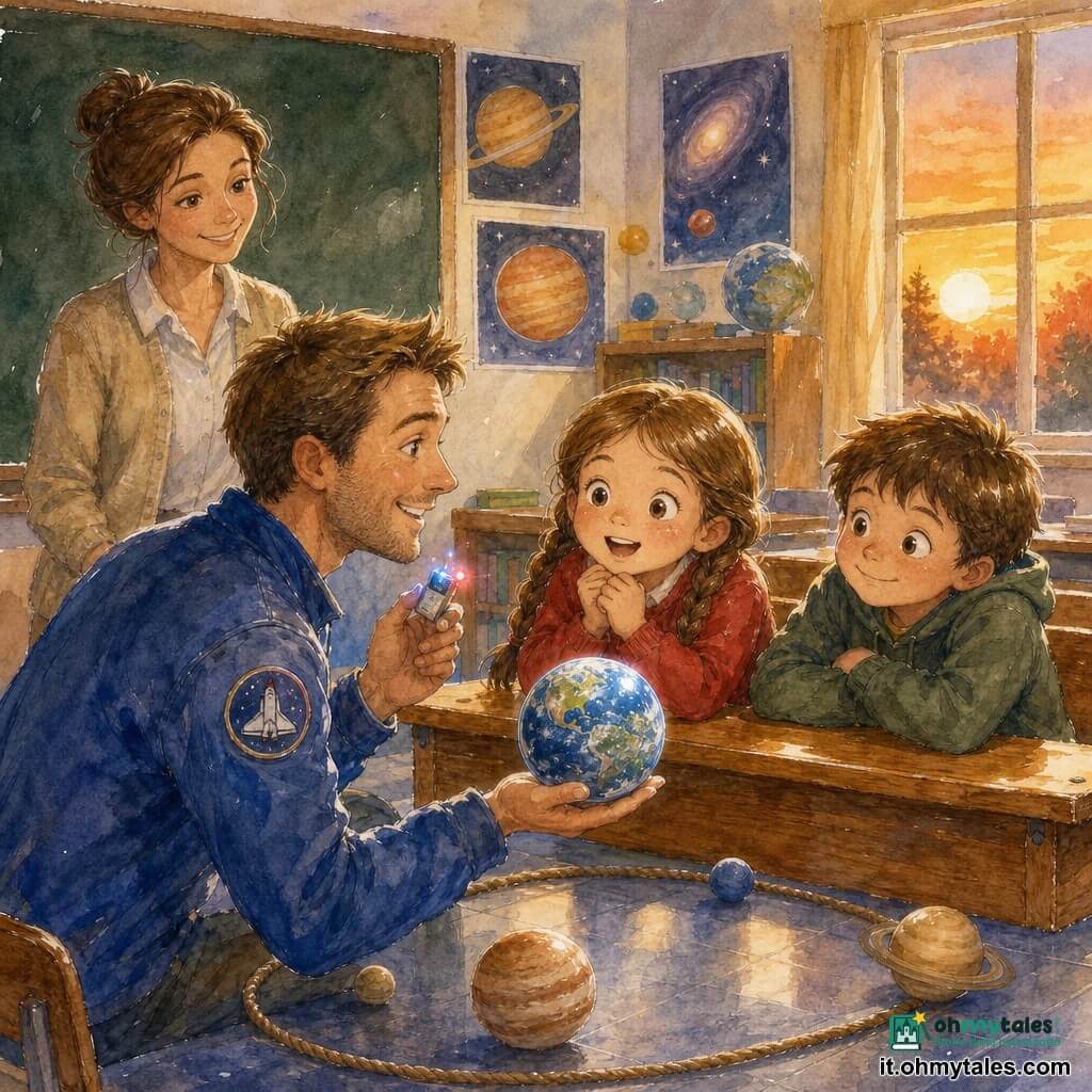 Un astronauta uomo sorridente, capelli castani corti, con giacca d'allenamento blu e piccolo stemma della navetta, tiene nella mano sinistra una mini Terra luminosa e mostra con la destra un piccolo apparecchio che bip, la maestra Carla (30–40 anni, capelli castani raccolti) sta vicino alla lavagna a sinistra e osserva benevola; in prima fila la bambina Nina (circa 7 anni, due trecce, maglione rosso) è con le mani sul banco a guardare la mini Terra e accanto a lei il ragazzo Tommaso (circa 7 anni, capelli corti, sorriso malizioso) si sporge curioso; la classe è luminosa con banchi in legno verniciato, grande lavagna verde, poster dei pianeti, una finestra a destra con tramonto arancione e una corda a formare un'orbita sul pavimento; scena calda e vivace, i bambini affascinati, la maestra supervisiona calma; stile acquerello pastello con trama di carta visibile, ombre morbide e riflessi bianchi sulla mini Terra e sugli occhi brillanti dei bambini.