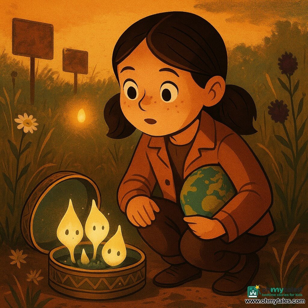 An 8-year-old girl, Mina, round face with freckles and brown pigtails, curious and amazed, wearing a light jacket and holding a small globe under her arm, crouches beside an open metal lid in a flowered vacant lot at dusk; a tiny amber-yellow glowing "speck" floats before her, gently blinking and guiding her with a warm aura, while inside the lid a glass bowl holds three pale, droplet-shaped "Lumen" stones that glow from within and send light filaments toward the globe; the scene is intimate and wonder-filled with tall grass, daisies, purple thistles, rusted signs, low golden light creating long shadows, a warm textured palette, elegant geometric lines and art-deco patterns on the metal rim, centered composition, dramatic yet tender illustrative lighting suitable for children.
