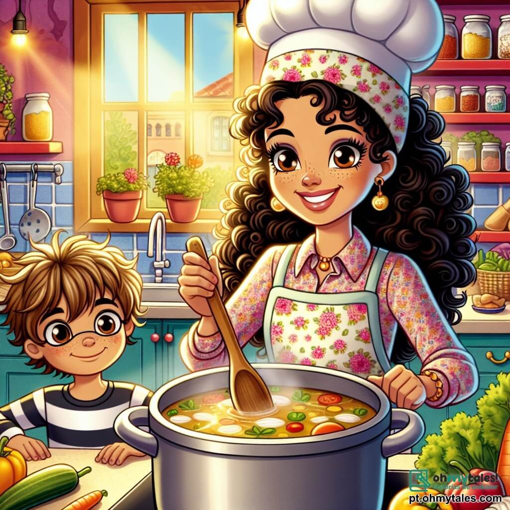 Em uma cozinha acolhedora e colorida, a chef Rosa, uma mulher de cerca de trinta anos com cabelos cacheados e um grande sorriso, está preparando uma sopa. Ela usa um bonito avental com estampas florais e um chapéu de chef um pouco torto, demonstrando seu entusiasmo e paixão pela culinária. Seus olhos brilham de felicidade enquanto mistura os ingredientes em uma grande panela. Ao seu lado, João, um menino de cerca de 8 anos com cabelos castanhos bagunçados e óculos redondos, observa atentamente. Ele segura uma colher de pau, pronto para mexer a sopa, com um rosto que expressa grande curiosidade e empolgação. A cozinha está cheia de cores vibrantes, com prateleiras carregadas de potes de especiarias, legumes frescos na bancada e utensílios brilhantes pendurados na parede. A luz do sol entra pela janela, iluminando o espaço com um calor suave. Nesta cena, Rosa e João estão preparando uma sopa mágica com ervas raras, compartilhando um momento de cumplicidade e alegria, rodeados pelo aroma delicioso que preenche o ambiente.