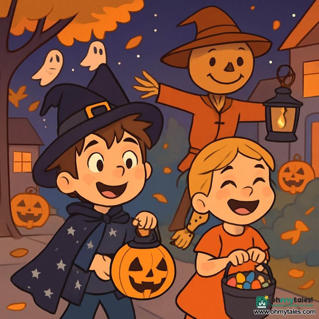 A 6-year-old boy, Tommy, with messy brown hair and a big amazed smile, holds a small round pumpkin-shaped lantern. He wears a black cape sprinkled with silver stars and a slightly crooked witch hat. Next to him, a 6-year-old girl, Lily, with braided blonde hair and sparkling eyes, joyfully laughs while holding a bucket of colorful candies. A scarecrow, with a burlap face and straw arms, stands in the back, smiling and carefully holding a lantern. The scene takes place on an Halloween street, lit by orange lights and paper ghost decorations hanging from the trees. Smiling pumpkins are placed on the porches of the houses, and golden leaves swirl in the cool evening air. Tommy and his friends walk in a line, illuminated by the lantern, sharing laughter and ghost stories, while the starry sky watches over their joyful procession.