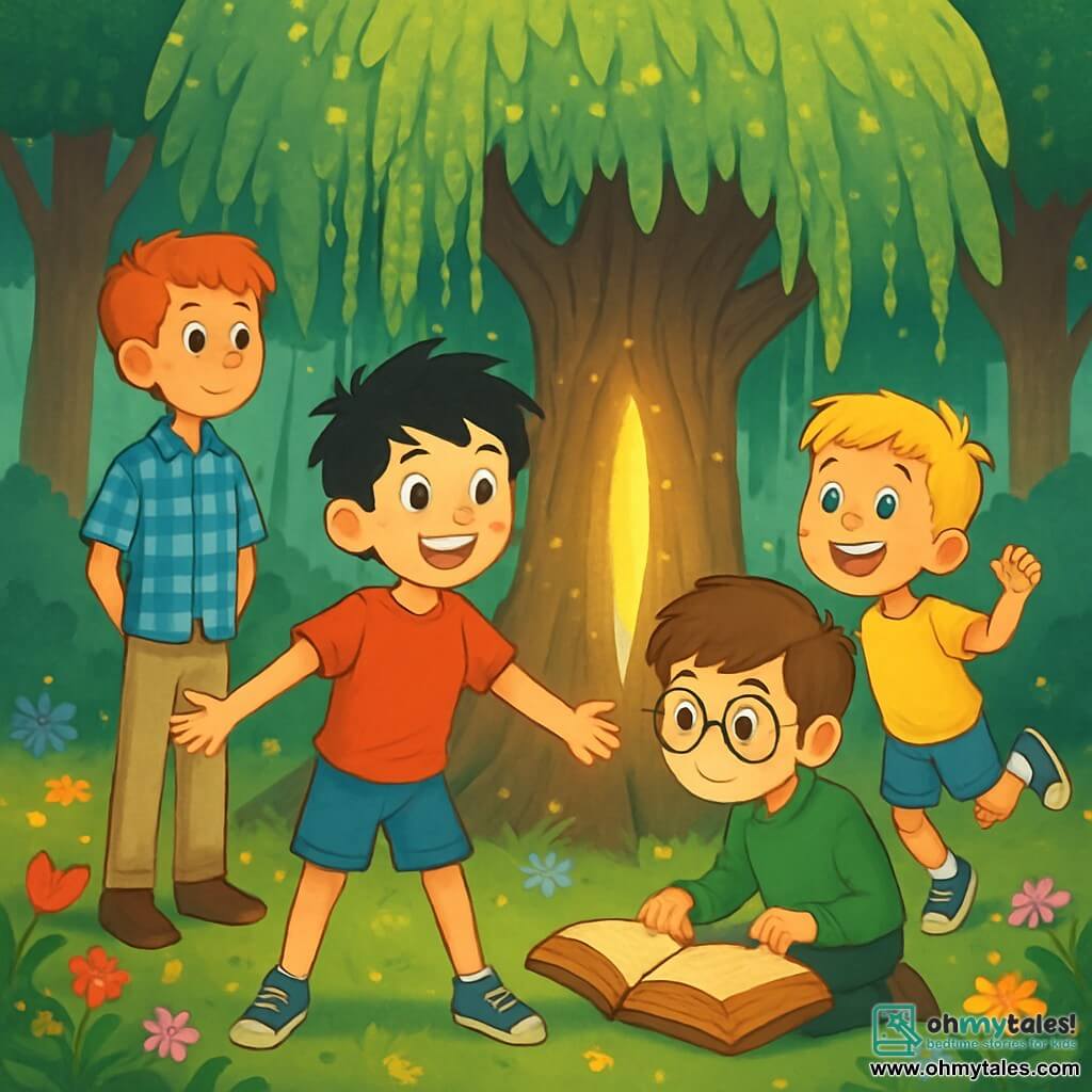 There are 4 children: Eli, a 12-year-old boy with messy black hair and sparkling eyes, wearing a bright red t-shirt and denim shorts, stands in the center with arms outstretched and a big smile, ready to leap. Milo, an 11-year-old tall and slim boy with freckles on his nose, dressed in a blue plaid shirt and beige pants, stands slightly back, admiring Eli. Rowan, a 12-year-old boy with brown hair and round glasses, wearing a green sweater and black pants, crouches next to an ancient book, attentively observing the pages with curiosity. Jasper, the smallest at 10 years old with blonde hair and bright eyes, wearing a yellow t-shirt and blue shorts, is jumping in place, full of energy and smiling brightly. The scene takes place in an enchanted clearing surrounded by majestic trees with shimmering leaves. A weeping willow stands in the center, its drooping branches creating a soft shade. Colorful flowers with bright petals dot the green ground, while a light mist floats in the air, adding a touch of mystery. The main situation shows the children gathered around the willow, listening intently to a magical voice emerging from the tree, their faces lit by curiosity and wonder, as a soft golden light emanates from the trunk, revealing an ancient secret.