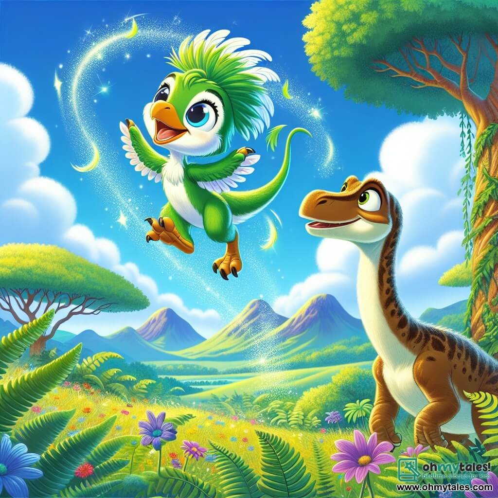 A small velociraptor named Vicky, with green feathers and sparkling joyful eyes, jumps into the air laughing, surrounded by a shimmering glow. Her expression is full of wonder and happiness. Next to her is Dino, a large Brachiosaurus with a long neck and brown scales, smiling at Vicky with admiration, standing near a majestic tree. The scene takes place in a lush valley filled with tall ferns and colorful flowers, under a bright blue sky with a few white clouds gently floating. In the distance, gentle mountains outline the horizon. Full of energy, Vicky showcases her magic by jumping high in the air, while Dino encourages her with a big smile, creating a joyful and friendly atmosphere.