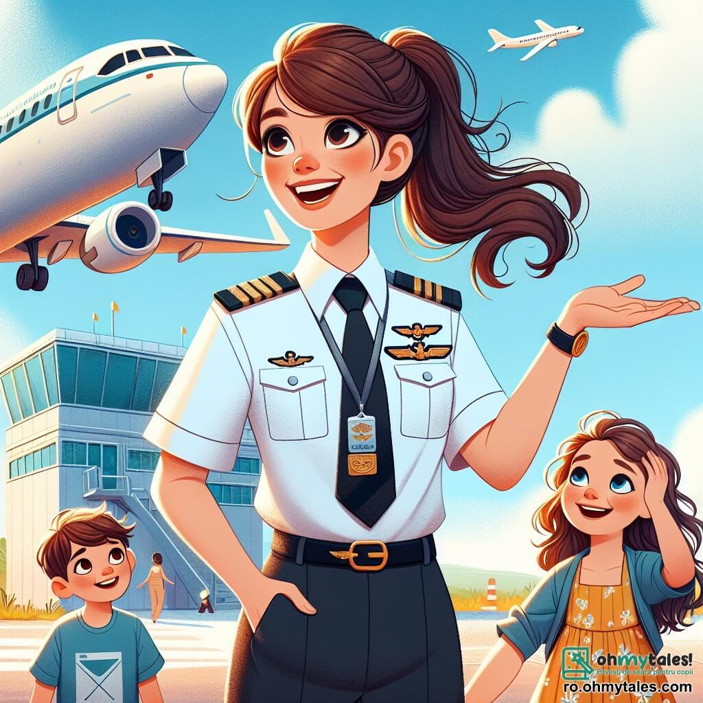 În centrul imaginii, o femeie pilot, Andreea, este reprezentată cu un mare zâmbet pe față, ochii ei strălucind de pasiune. Ea poartă o ținută elegantă de pilot, cu o cămașă albă și o cravată neagră, precum și o jachetă de pilot decorată cu insignele ei. Părul ei brun este prins într-o coadă de cal îngrijită, iar ea stă în fața unui avion mare, arătând spre cer cu entuziasm. Lângă ea, un băiat pe nume Alex, în vârstă de aproximativ 10 ani, o observă cu ochii mari. Are părul castaniu în dezordine și poartă un tricou albastru cu un model de avion. Ține în mâini un mic model de avion, privindu-o pe Andreea cu admirație. Puțin mai departe, o fată pe nume Maria, de asemenea de 10 ani, stă cu un zâmbet radiant. Are părul lung și creț și poartă o rochie galbenă însorită. Își ridică mâna, ca și cum ar dori să pună o întrebare, captivă de povestea Andreei. Decorul se află pe un tarmac de aeroport însorit, cu un cer albastru deschis presărat cu câteva nori albi. În fundal, se poate vedea un avion de linie mare, strălucind la soare, și hangare colorate de aeroport. Situația principală o arată pe Andreea povestind aventurile sale de pilot copiilor, captivându-i cu povești despre călătoriile sale prin cer, în timp ce Alex și Maria o ascultă cu atenție, fascinați de lumea aviației.