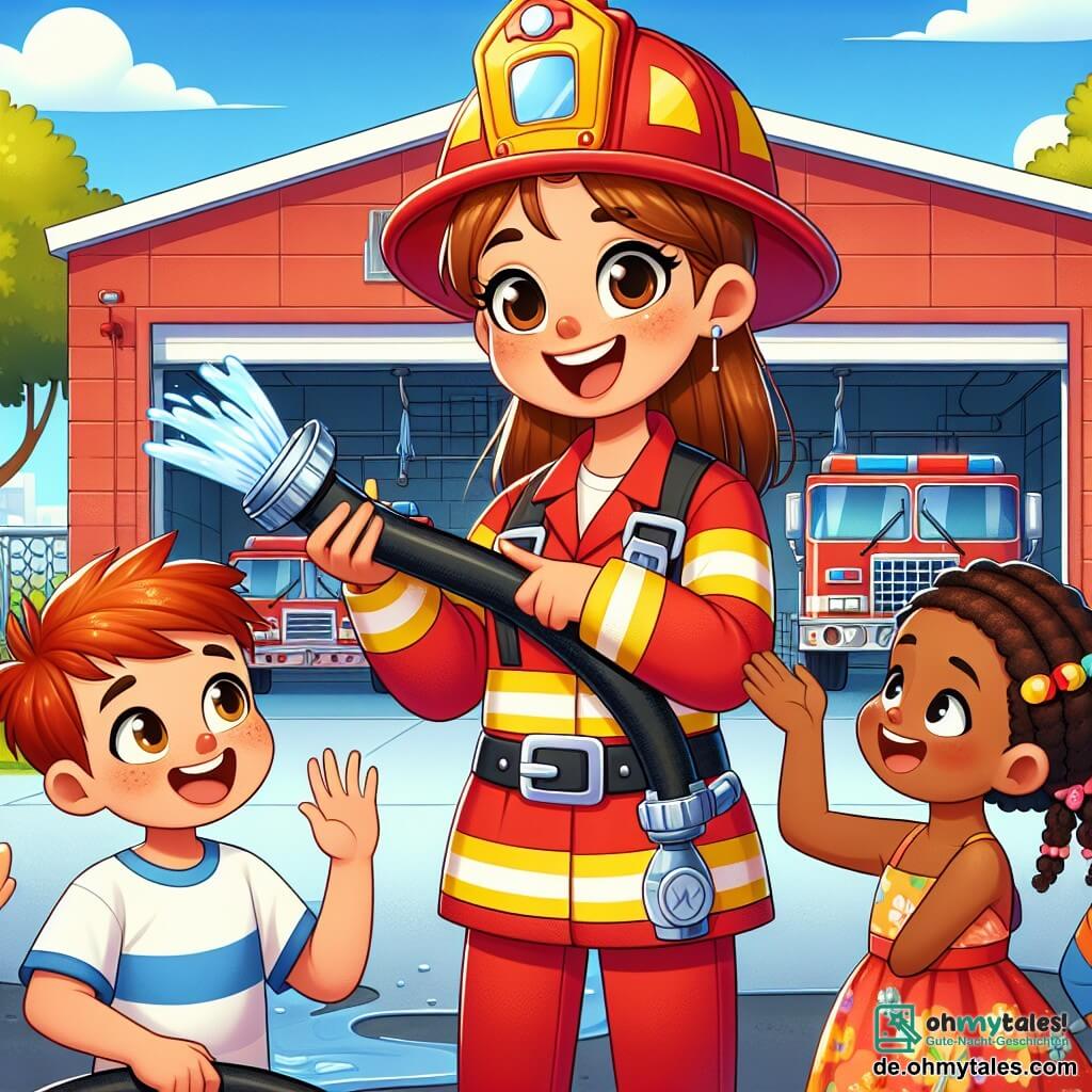 Eine Feuerwehrfrau namens Anna, mit einem warmen Lächeln und braunen, zu einem Dutt gebundenen Haaren, trägt eine leuchtend rote Uniform und einen etwas zu großen Feuerwehrhelm. Sie zeigt den Kindern, wie man einen Feuerwehrschlauch benutzt, mit einem fröhlichen und begeisterten Gesichtsausdruck. Ein 7-jähriger Junge mit roten Haaren und weit aufgerissenen Augen tut so, als würde er den Schlauch halten und lacht vor Freude. Neben ihm steht ein 6-jähriges Mädchen mit Zöpfen und einem bunten Kleid, das Anna bewundernd ansieht, mit den Händen in die Hüften gestützt, bereit zu lernen. Die Szene spielt vor einer großen, leuchtend roten Feuerwehrstation, mit Feuerwehrfahrzeugen im Hintergrund und Löschwerkzeugen an den Wänden. Der Himmel ist blau und sonnig, und grüne Bäume umgeben das Gebäude. Die Hauptsituation zeigt Anna, die den Kindern die Bedeutung der Brandsicherheit beibringt, während sie Spaß daran haben, Feuerwehr zu spielen, und eine fröhliche und lehrreiche Atmosphäre schaffen.
