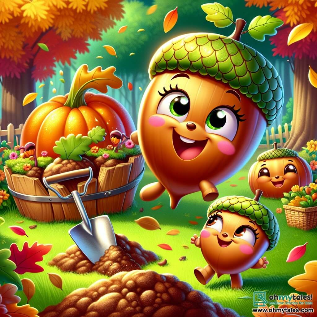 Annie, a cheerful little acorn with a shiny brown shell and sparkling eyes, is dancing in the green grass, excited for autumn. Benny, a larger acorn with a rough shell and a big smile, is digging in the soil next to her, his muscular arms showing he is ready to plant trees. Clara, a tiny acorn with rosy cheeks and curious eyes, stands near Annie, jumping for joy with her little legs flailing. The setting is a colorful garden filled with golden and red leaves gently falling from the trees, with a bright orange pumpkin at the center, creating a warm and festive atmosphere. The scene depicts the acorns having fun together, preparing the ground to plant Annie while laughing and enjoying the joyful spirit of autumn.