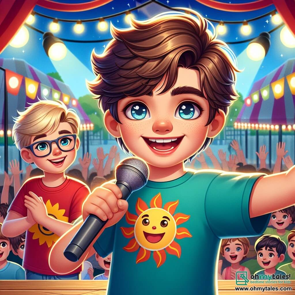 An 11-year-old boy named Jamie stands on a wooden stage, his face beaming with confidence and joy. He has messy brown hair, sparkling blue eyes, and wears a colorful t-shirt with a sun pattern. Jamie smiles widely, arms open, ready to perform his magic act for an enthusiastic audience. Beside him, his best friend Alex, a 12-year-old boy with blonde hair and glasses, encourages him with a big smile. Alex wears a red t-shirt and stands near the edge of the stage, hands raised in applause. The backdrop is a lively fair, with colorful game and treat stalls in the background. String lights twinkle above the stage, and children laugh and play in the audience, creating a festive atmosphere. The main scene shows Jamie performing a magic trick, holding a playing card in one hand and a top hat in the other, captivating everyone's attention with his charisma and enthusiasm.