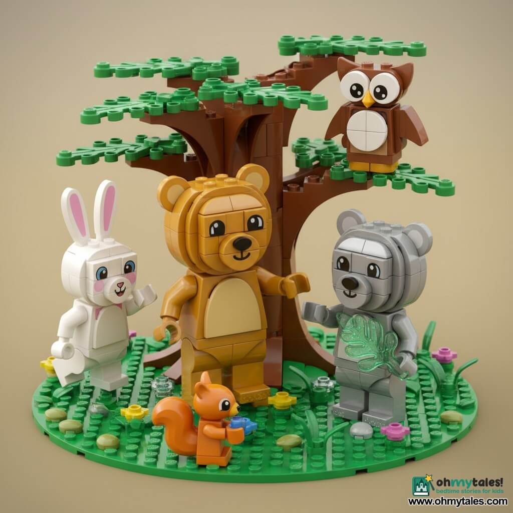 A LEGO diorama of a golden-brown teddy bear named Benny smiling and offering his paw to a shy, happy silver-furred bear named Luna holding a sparkling leaf, joined by a white-eared rabbit Tilly clapping as she hops left, a wise brown-and-white owl Leo perched on a low oak branch, and a curious red squirrel picking a colorful pebble in a sunny clearing with a large green-leafed LEGO oak, textured grass, multicolored flowers and scattered shiny pebbles; the characters form a warm, colorful circle of sharing and welcome, with saturated colors, visible brick textures and soft golden afternoon lighting centered on Benny and Luna.