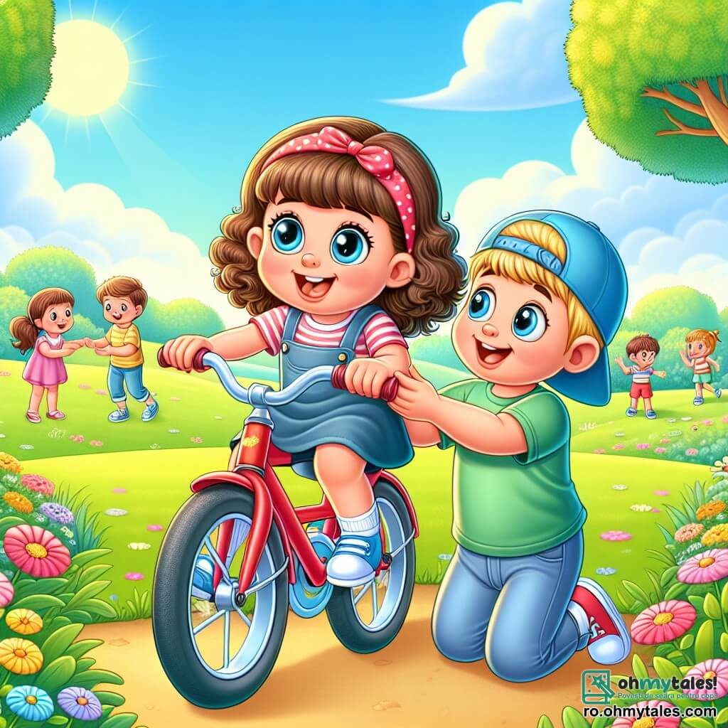 O fetiță de 4 ani, cu ochi mari și strălucitori și păr castaniu ondulat, stă pe o bicicletă roșie. Ea zâmbește larg, plină de bucurie și entuziasm, gata să pedaleze. Lângă ea, un băiat de 5 ani numit Andrei, cu păr blond și o șapcă albastră, o încurajează cu un zâmbet mare. El stă în picioare, ținând bicicleta pentru a o ajuta să își mențină echilibrul. Decorul se desfășoară într-un parc însorit, cu copaci verzi luxurianți, flori colorate și copii care se joacă în fundal. Cerul este albastru și senin, adăugând o notă de fericire scenei. Situația principală o arată pe Sara, fetița, încercând să pedaleze pe bicicleta ei pentru prima dată, cu Andrei alături, pregătit să o ajute. Expresia de determinare de pe fața ei arată că este gata să își depășească frica și să capete încredere în sine.
