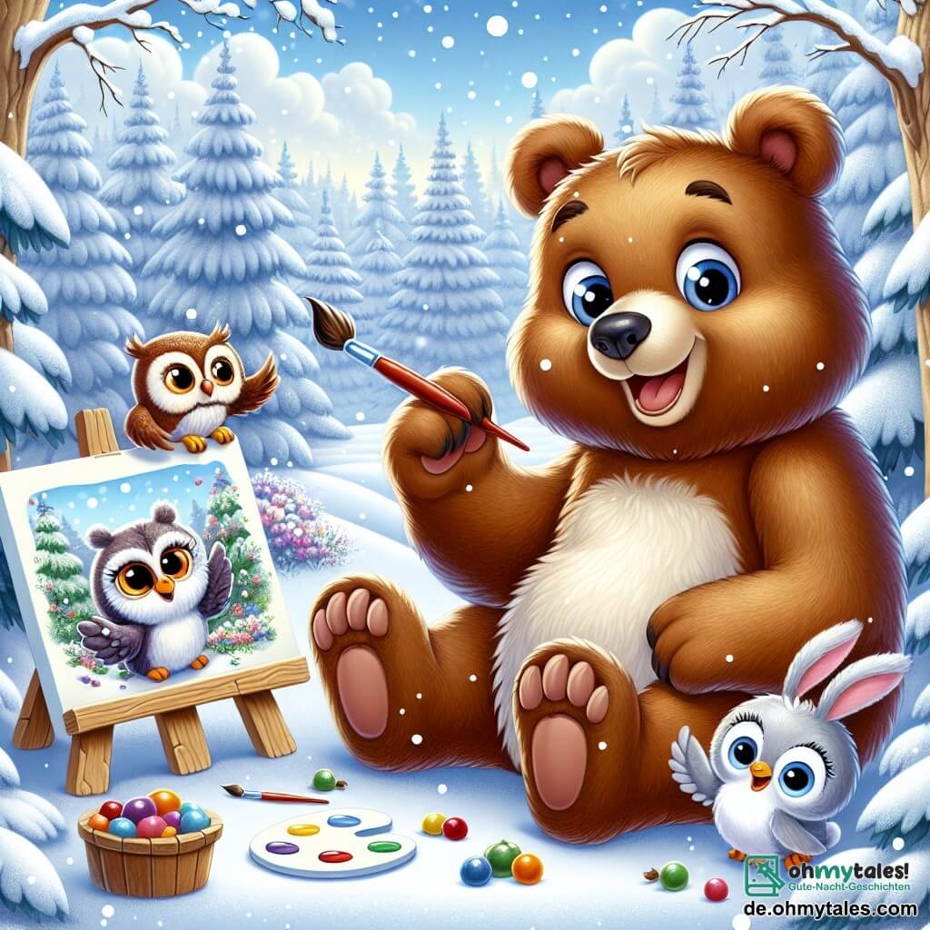 Ein großer brauner Bär mit dickem, weichem Fell und strahlenden Augen sitzt in einem wunderschönen verschneiten Wald, umgeben von schneebedeckten Tannen. Er hält einen Pinsel in einer Pfote und malt begeistert ein buntes Bild auf eine Leinwand, sein Gesicht strahlt vor Glück und Kreativität. Neben ihm beobachtet eine kleine Eule mit weißen und braunen Federn und großen neugierigen Augen aufmerksam das Bild, ihre bewundernde Miene verrät ihre Faszination für das Werk des Bären. Ein fröhlicher Hase mit großen Ohren und weichem grauem Fell hüpft etwas weiter entfernt, während er bunte Beeren in seinen Pfoten hält, bereit, sie seinen Freunden anzubieten. Die Szene spielt sich in einem magischen Wald ab, wo der Schnee unter den Sonnenstrahlen funkelt und eine märchenhafte Landschaft schafft. Schneeflocken fallen sanft vom Himmel und verleihen der Atmosphäre einen Hauch von Magie. Der Bär, umgeben von seinen Freunden, schafft ein wunderschönes Winterbild, das die Schönheit der Natur und die Freude der Freundschaft einfängt und die Magie der Saison feiert.