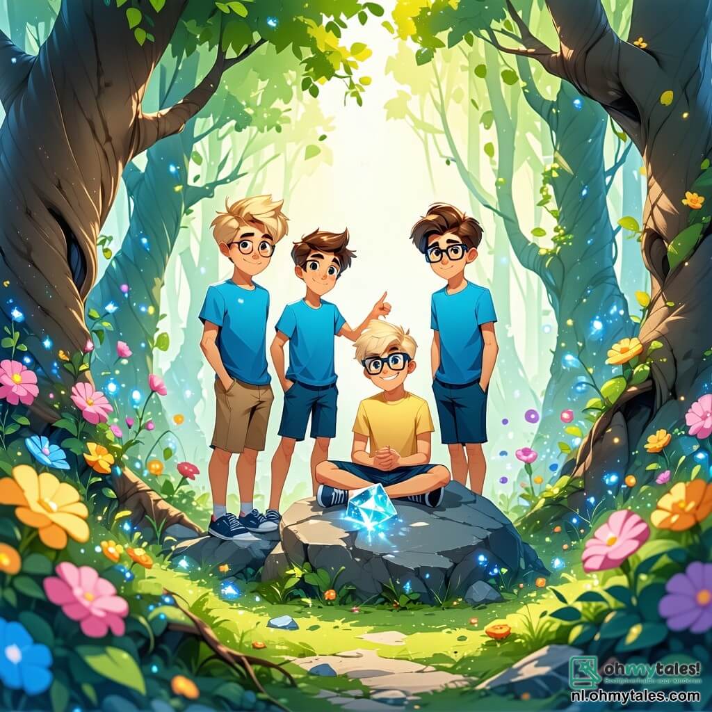 Vier jongens van negen jaar, Finn, Max, Sam en Lucas, staan in het midden van een betoverde open plek, omringd door kleurrijke bloemen en kromme bomen. Finn, met zijn messy blonde haar en een ondeugende glimlach, wijst naar een glanzende steen op de grond. Max, met bruin haar en ronde bril, zit dromerig op een grote steen en wrijft in zijn ogen. Sam, met rood haar en sproeten, staat met gekruiste armen en een vastberaden blik. Lucas, met kastanjebruin haar en een gestreept t-shirt, zit op zijn hurken en bekijkt de magische kaart die de oude tovenaar hen heeft gegeven. 

De open plek is verlicht door gouden licht met zonnestralen die door de bladeren van de bomen filteren. Fantastische wezens, zoals reusachtige vlinders en vogels met glanzende veren, vliegen om hen heen en voegen een vleugje magie toe aan de scène. 

De jongens hebben net de magische steen ontdekt die hun dorp uit de eeuwige slaap kan redden, en hun opwinding is voelbaar terwijl ze zich voorbereiden om met hun waardevolle schat naar huis te gaan.
