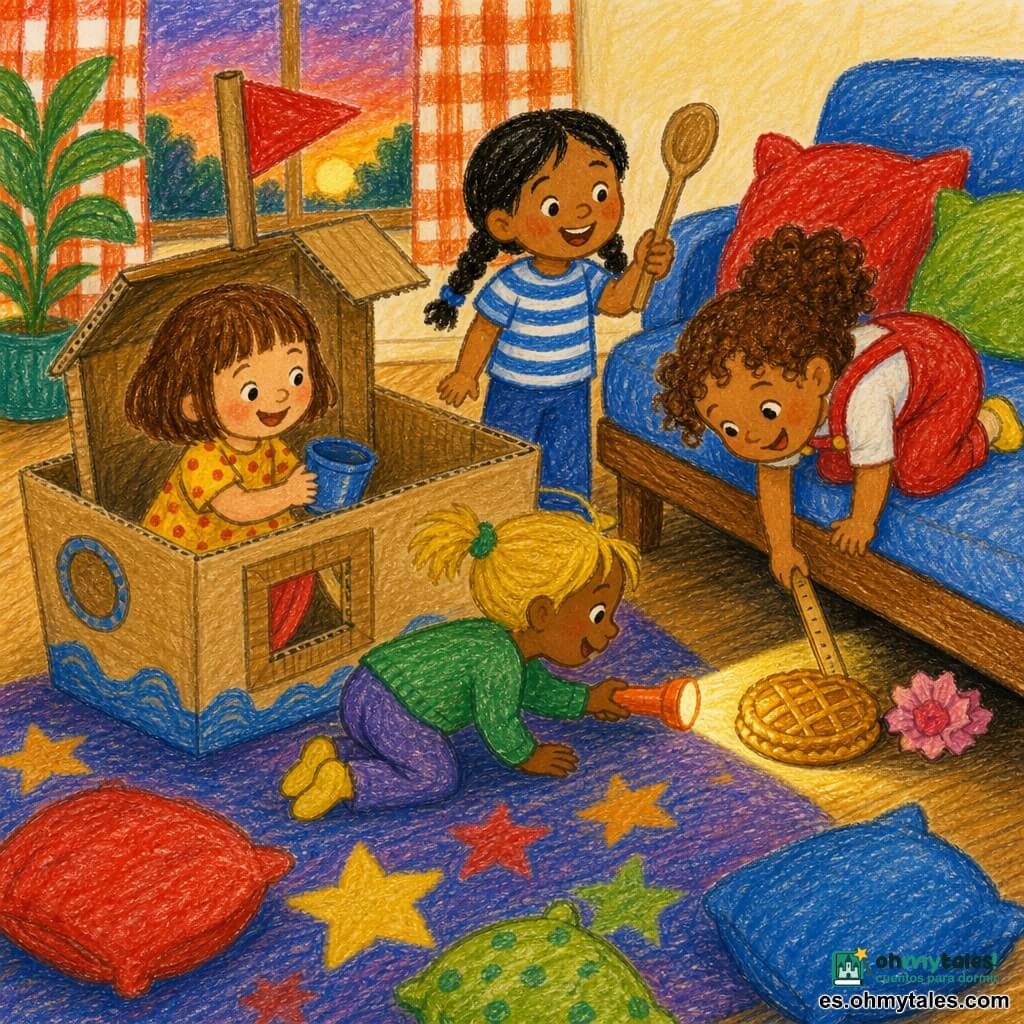 Cuatro niñas de 2 años: Ana, pelo castaño corto con flequillo, vestido amarillo con lunares rojos, sentada a la izquierda en una gran caja sosteniendo una pequeña taza azul; Bea, pelo rubio en coletas, suéter verde, de rodillas delante de la caja con una linterna naranja apuntando bajo el sofá; Cami, pelo negro en trenza, camiseta a rayas azul y blanca, de pie en el centro mirando la caja y sonriendo con una cuchara de madera en la mano; Dori, pelo castaño rizado, peto rojo, a la derecha inclinada sobre la caja extendiendo una regla blanda para alcanzar una galette. Salón luminoso con suelo de madera clara y alfombra de estrellas, caja de cartón convertida en casa/barco en el centro, cojines coloridos alrededor, planta en maceta junto a una ventana con cortina a cuadros y luz cálida de atardecer. Las cuatro aventureras exploran la caja en busca de un tesoro: una galette dorada y una flor de papel rosa escondidas bajo el sofá; escena alegre, trazos simples y textura de lápiz, acciones claras: recoger, alumbrar, alcanzar, mirar.