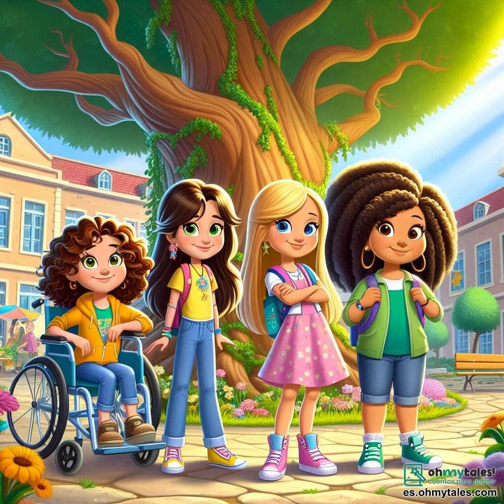 Cuatro amigas, Valeria (niña, 10 años, cabello castaño y rizado, con una camiseta amarilla y jeans), Sofía (niña, 9 años, cabello rubio y liso, vestida con un vestido rosa), Ana (niña, 10 años, cabello castaño recogido en una coleta, usando una bonita silla de ruedas azul) y Carla (niña, 9 años, cabello negro y rizado, vestida con una camiseta verde y un short) están juntas alrededor de un gran árbol antiguo en el patio de su escuela. Miran con emoción un pequeño cofre en forma de estrella, mientras Sofía sostiene un libro antiguo abierto, revelando un misterioso dibujo de un mapa. El lugar es un patio escolar soleado, rodeado de coloridos edificios de la escuela primaria Arcoíris, con flores brillantes y juegos infantiles al fondo. La situación principal muestra a las cuatro amigas en plena búsqueda, descubriendo un cofre misterioso escondido bajo el gran árbol, después de seguir un antiguo libro lleno de pistas y secretos. Están listas para resolver el misterio que las espera, con expresiones de curiosidad y emoción en sus rostros.