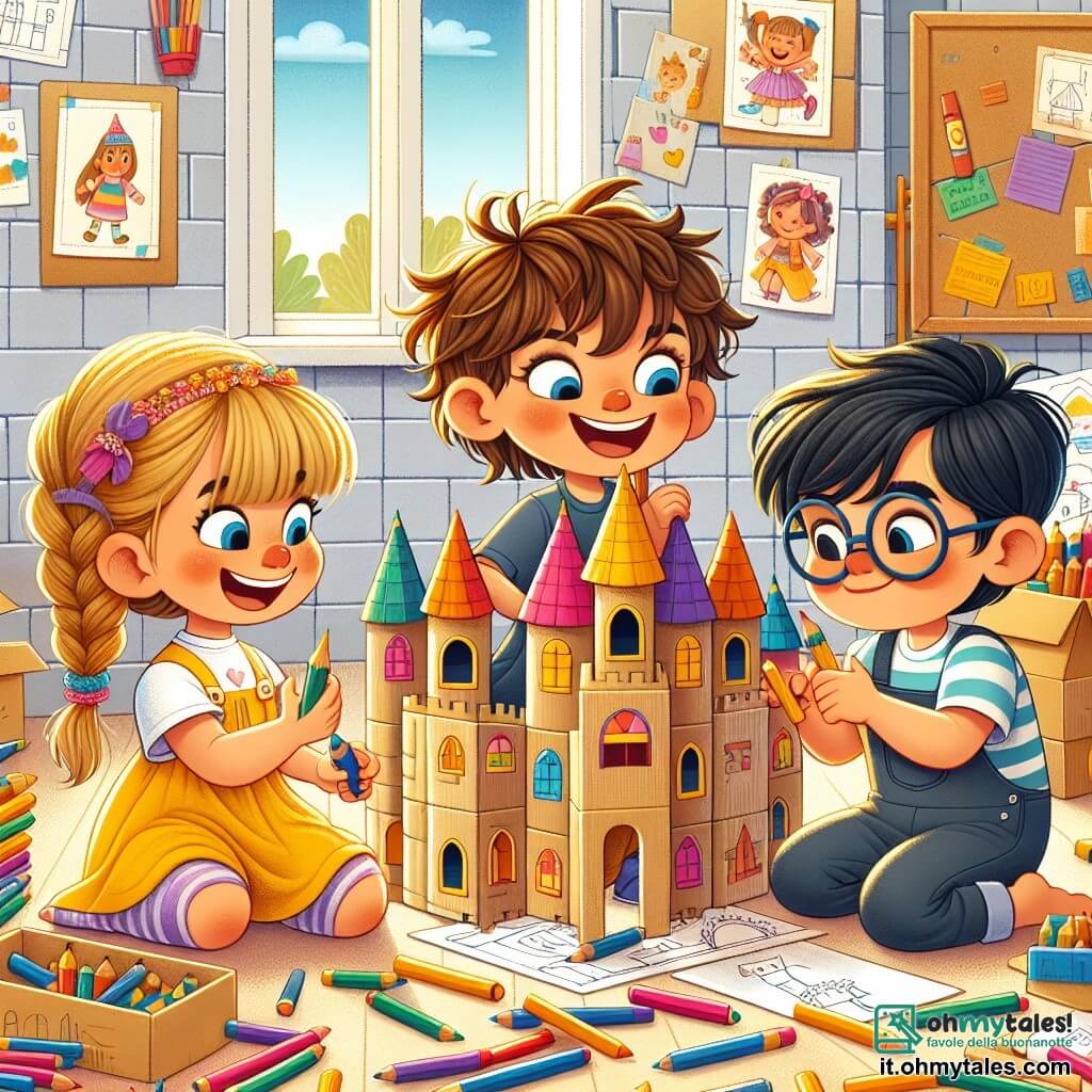 Un ragazzino di 4 anni di nome Luca, con capelli castani arruffati e un grande sorriso, è seduto per terra, circondato da pezzi di cartone colorati. Sta disegnando torri per un grande castello, con pastelli sparsi intorno a lui. Accanto a lui, una bambina di 4 anni di nome Sara, con capelli biondi intrecciati e un vestito giallo, colora con entusiasmo i muri del castello, i suoi occhi brillano di gioia. Un altro bambino di 4 anni, Marco, con occhiali rotondi e capelli neri, è in piedi, concentrato nell'assemblare le finestre di cartone, con un tubo di colla in mano. La scena si svolge in un'aula luminosa, con pareti decorate da disegni di bambini e finestre che lasciano entrare la luce del sole. Tavoli carichi di materiale artistico e una grande lavagna nera sono visibili sullo sfondo. Luca, Sara e Marco lavorano insieme, ridendo e incoraggiandosi a vicenda mentre costruiscono il loro magnifico castello di cartone per lo spettacolo scolastico.