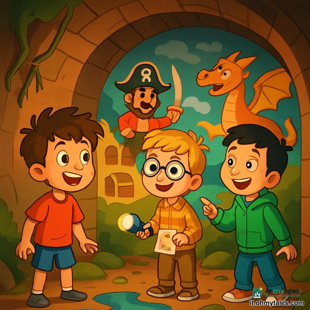 Ci sono 3 personaggi: Marco, un ragazzo di 8 anni con capelli castani disordinati e occhi curiosi, indossa una maglietta rossa e pantaloni blu, si trova a sinistra guardando con meraviglia il tunnel; Leo, un ragazzo di 8 anni con capelli biondi e occhiali rotondi, indossa una camicia a quadri e pantaloni kaki, è al centro con una piccola torcia che illumina il cammino; Tommaso, un ragazzo di 8 anni con capelli neri e un grande sorriso, indossa un felpa verde e scarpe da ginnastica, è a destra mentre indica un disegno misterioso sulla parete del tunnel. La scena si svolge in un tunnel buio e misterioso, con pareti coperte di affreschi colorati che raccontano storie di pirati e draghi. La luce della torcia mette in risalto i dettagli degli affreschi, mentre radici di alberi e pietre muschiose aggiungono un tocco di magia all'ambiente. I tre amici scoprono un piccolo incavo nel muro del tunnel, pronti a posare un pezzo di carta, emozionati per il riflesso di una mappa misteriosa in una pozzanghera, pronti a risolvere il mistero del tunnel delle meraviglie.