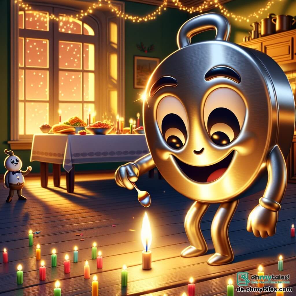 Ein kleiner glänzender Metallcharakter mit vier gut gezeichneten Zinken und einem fröhlichen Lächeln steht im Mittelpunkt der Szene, beleuchtet von einem sanften goldenen Licht. Er schaut mit Staunen auf eine Gruppe kleiner bunter Kerzen, die um ihn tanzen und warme Schatten an die Wände der Küche werfen. Rechts von ihm steht ein glatter und eleganter silberner Metallcharakter mit runder Form, der Stolz und Aufregung ausdrückt, während er eine kleine Flamme in seiner Hand hält, bereit sie zu entzünden. Links von ihm beobachtet ein scharfer Metallcharakter mit entschlossenem Blick aufmerksam die Szene, bereit zu helfen, wenn nötig. Die Küche ist mit funkelnden Girlanden und festlichen Lichtern dekoriert, mit einem großen Holztisch, der mit köstlichen Gerichten und buntem Konfetti auf der Tischdecke geschmückt ist. Die Wände sind in warmen Farbtönen gestrichen, was eine einladende und festliche Atmosphäre schafft. Die Hauptsituation zeigt den kleinen Metallcharakter, der mit seinen Freunden eine leuchtende Überraschung vorbereitet, um das neue Jahr zu feiern, während die Kerzen kurz vor Mitternacht bereit sind, den Raum zu erhellen und die Luft mit Freude und Vorfreude zu füllen.