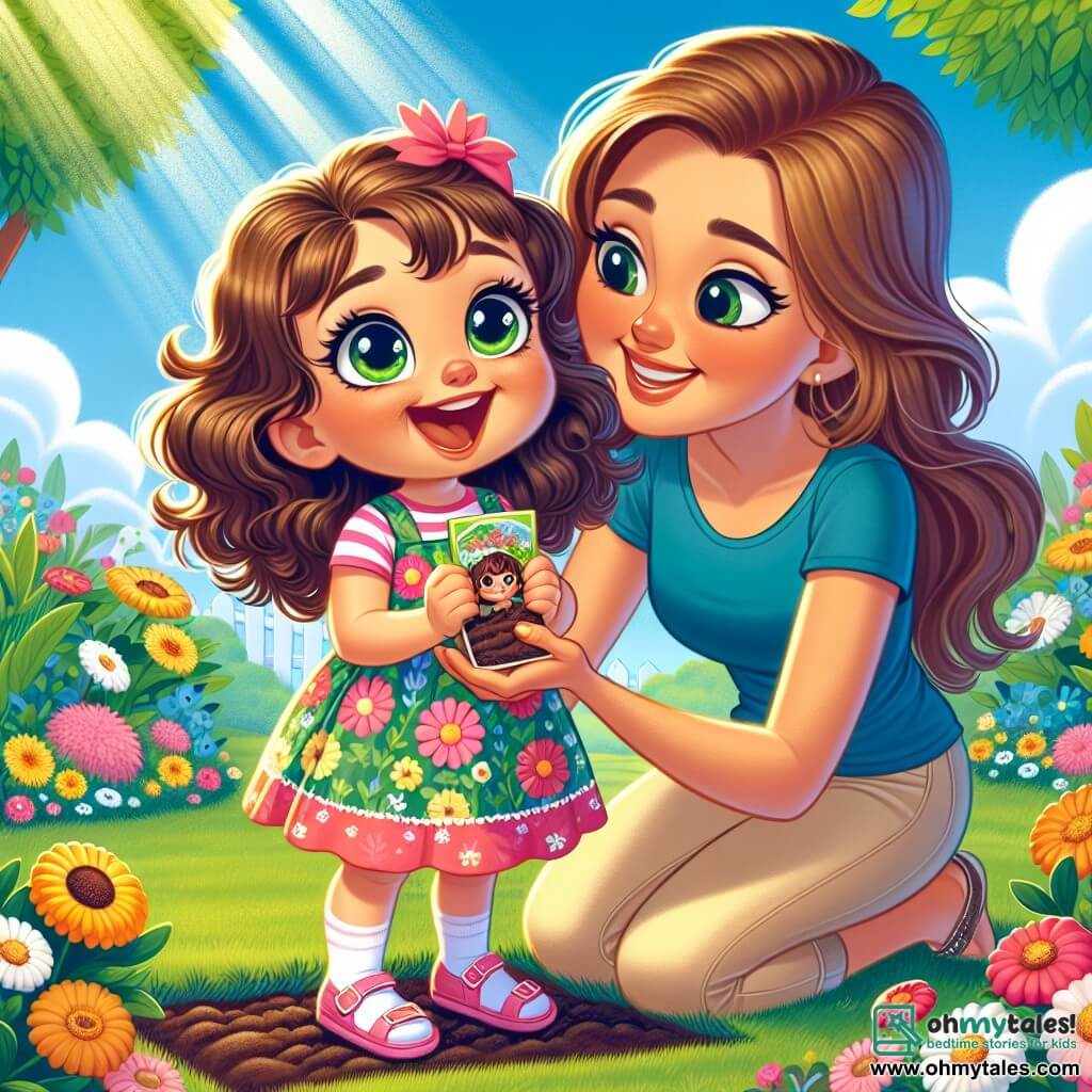 A 2-year-old girl named Lucy, with bright big eyes and curly brown hair, joyfully smiles while holding a small bag of seeds in her hands. She wears a colorful flower dress and pink sandals, standing on the green grass. Next to her, her mother, a woman in her thirties with long straight hair, wearing a blue t-shirt and beige pants, crouches down to help her plant the seeds. She smiles tenderly at Lucy, encouraging her enthusiasm. The setting is a vibrant spring garden, with colorful flowers – yellow, pink, and white – blooming around them. A large leafy tree stands in the background, and the sky is a bright blue, dotted with fluffy white clouds. The main scene shows Lucy and her mother planting seeds in the garden, with sunlight illuminating the scene, creating a joyful and warm atmosphere.
