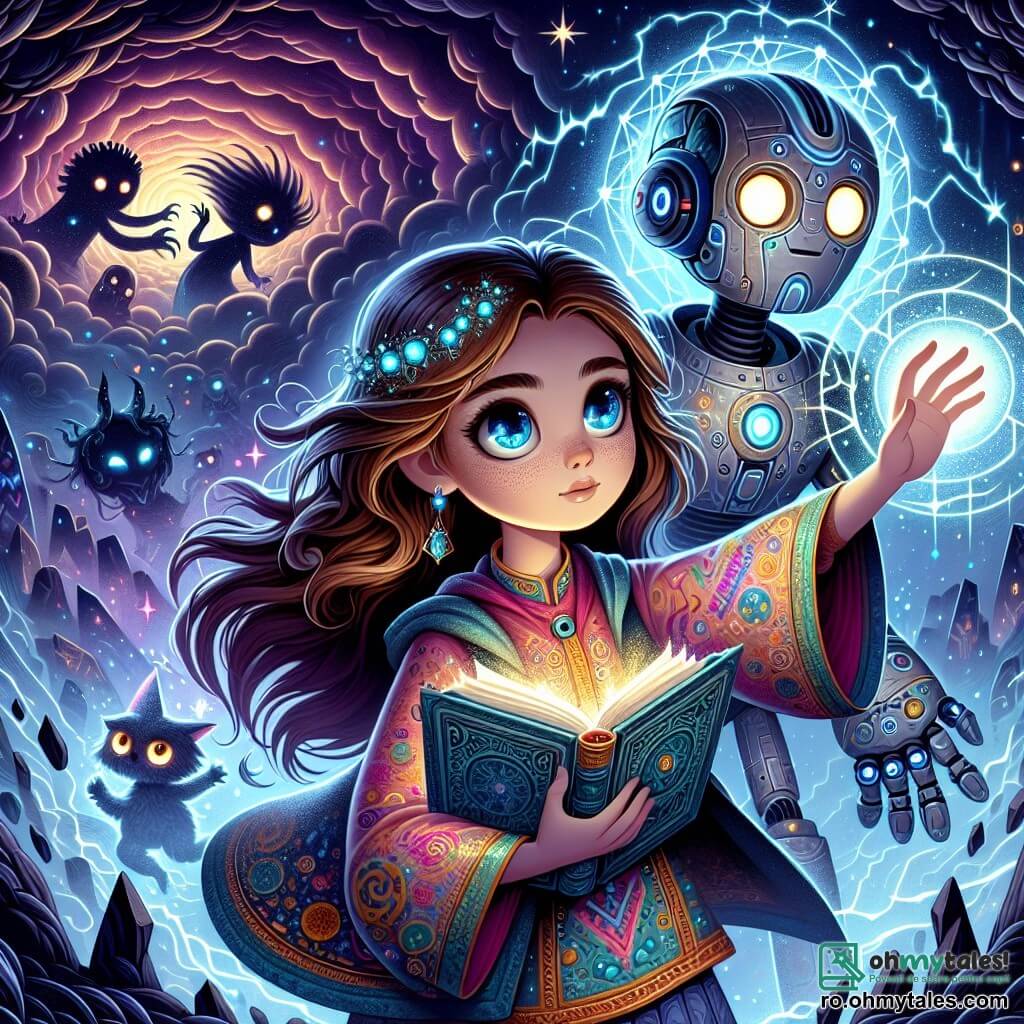 O fată de 12 ani, Mira, stă în centrul imaginii, cu părul lung, ondulat și ochi strălucitori de curiozitate. Poartă o tunică colorată cu motive magice și ține o carte veche într-o mână, în timp ce cealaltă mână este ridicată, lansând fulgere de lumină magică. Fața ei exprimă atât determinare, cât și uimire. Lângă ea, Răzvan, un robot de dimensiuni umane, cu o suprafață metalică strălucitoare și ochi luminoși de tip LED, observă atent. El proiectează un câmp de forță protectiv în jurul lor, brațele sale articulate iluminându-se cu o strălucire albastră. Fundalul este un peisaj fantastic și întunecat, plin de nori negri și stânci ascuțite, cu sclipiri de lumină magică care străbat întunericul. În fundal, siluete de creaturi ciudate se conturează, adăugând o atmosferă de mister și pericol. Situația principală arată cum Mira și Răzvan se află în mijlocul unei bătălii împotriva unei umbre amenințătoare care se ridică în fața lor, pregătită să îi atace. Energia magică și tehnologică fuzionează în jurul lor, creând o scenă dinamică și captivantă, plină de tensiune și aventură.