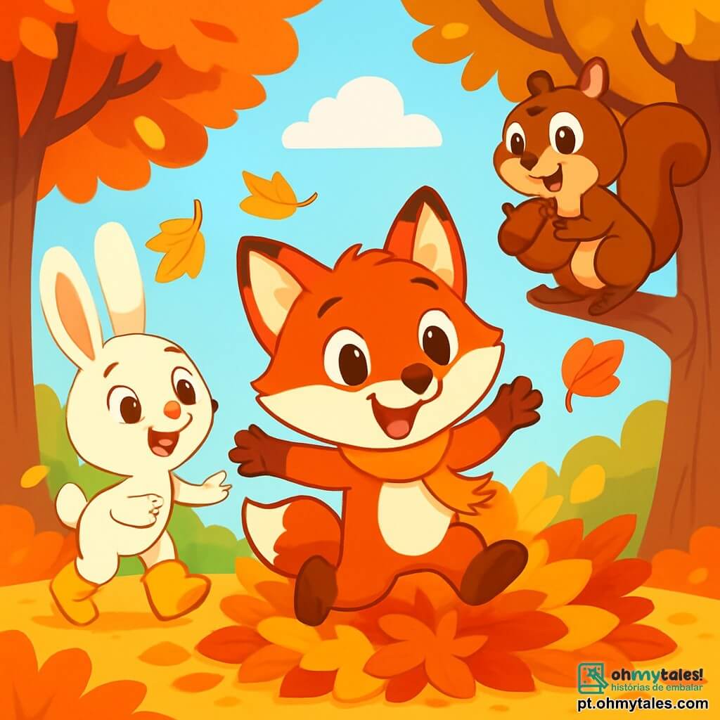 No centro da imagem, a pequena raposa Lila, com seu pelo ruivo brilhante e grandes olhos cheios de alegria, salta em uma pilha de folhas douradas e vermelhas, com um grande sorriso no rosto. Ela usa um cachecol laranja que voa ao vento, adicionando um toque de calor à sua aparência vibrante. À sua direita, Nico, o pequeno esquilo de pelos marrons e cauda espessa, sobe em um galho, segurando uma grande bolota com uma expressão de empolgação. Ele olha para Lila com admiração, pronto para pular na pilha de folhas. À esquerda, Bia, a coelhinha vaidosa de grandes orelhas e pelo branco, usa botas amarelas de chuva e ri enquanto tenta pegar uma folha que está voando. Seu sorriso é radiante e ela parece cheia de energia. O cenário é uma floresta encantada no outono, com grandes árvores com folhas vibrantes de vermelho, laranja e amarelo. O chão está coberto por um espesso tapete de folhas secas, e o céu é de um azul claro, salpicado de nuvens brancas e fofas. A cena principal mostra Lila e seus amigos se divertindo juntos, correndo e rindo na floresta, enquanto as folhas giram ao redor deles, criando uma atmosfera alegre e festiva, cheia de vida e cores.