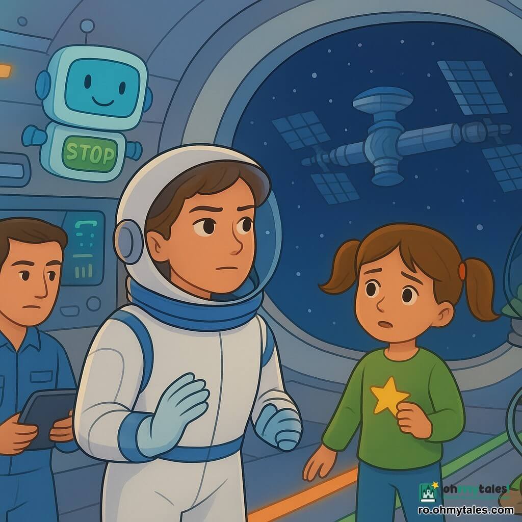 Mara, astronaută, față hotărâtă și senină, cască ușoară ridicată, costum spațial alb cu borduri albastre, mâini mănușate pe hublou ajustând doi repere vizuale, Nira, fetiță 8–10 ani cu două codini, inițial îngrijorată apoi încrezătoare, ține un abțibild în formă de stea lângă o bandă luminoasă portocalie pe podea, Radu, bărbat 35–40 ani în combinezon albastru, cu tabletă tactilă, concentrat dar ușurat la un panou de control stânga, robot-asistent Lumo, ecran plutitor cu față digitală zâmbitoare și antenă, proiectând pictograme, decor: interiorul unui tren spațial argintiu lung cu coridor larg și mari hublouri spre spațiu și o stație metalică, podea cu benzi luminoase portocalii și verzi și plante în ghiveci plutitoare într-o mini-grădină, situație: acroșare securizată — Mara verifică reperele în timp ce trenul încetinește, Nira se oprește pe banda luminoasă, Radu confirmă pe panou, Lumo afișează STOP verde, atmosferă de tensiune transformată în ușurare; stil grafic: linii clare, culori vii, forme rotunjite prietenoase, texturi plate și detalii grafice vizibile, compoziție lizibilă cu personaje clar separate și repere vizuale evidente.