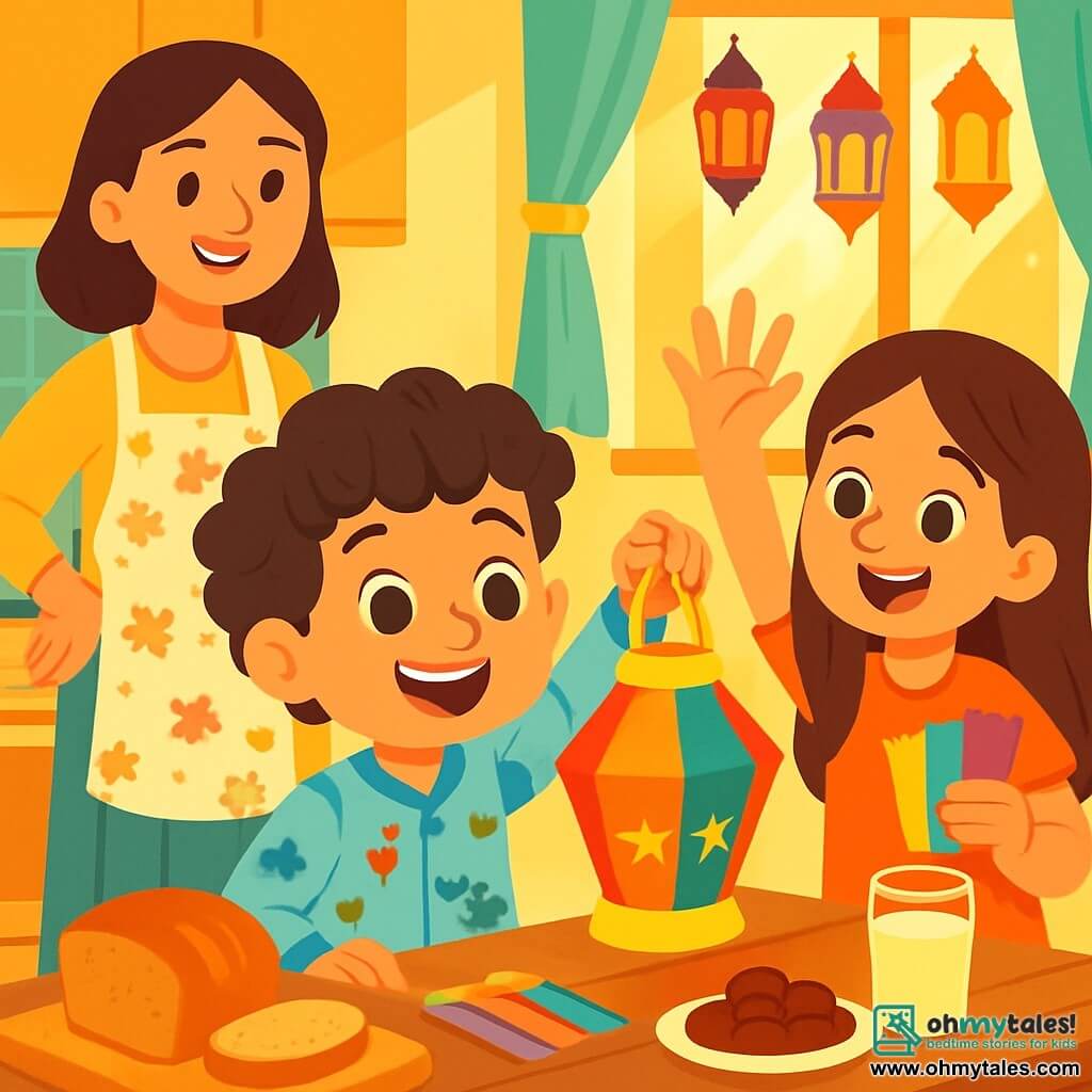 A 6-year-old boy, Sami, with curly hair and sparkling eyes, joyfully smiles while holding a colorful lantern decorated with shining stars. He wears a cotton pajama with dinosaur patterns. Next to him, his 8-year-old sister Leena, with long brown hair and a mischievous smile, encourages him by raising a hand full of colored paper. Their mother, a smiling woman in a floral apron, stands behind them, watching them proudly. The scene takes place in a bright kitchen filled with golden sunlight filtering through a window adorned with lanterns. On the table, there is a delicious breakfast with bread, dates, and a large glass of milk. Sami and Leena are preparing lanterns to celebrate Ramadan, surrounded by vibrant colors and laughter. The atmosphere is joyful and festive, full of family warmth and magic.