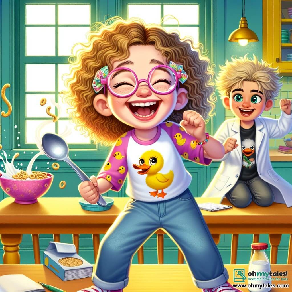 Lucy Larkspur, a smiling 10-year-old girl with curly hair and colorful glasses, is at the center of the image, laughing out loud as she prepares to sneeze. She wears a duck-patterned t-shirt and jeans, holding a dancing spoon in her hand. Next to her, Max, a 10-year-old boy with messy hair and a lab coat, watches with sparkling eyes of excitement, holding a notebook in one hand and a small gadget in the other. The scene takes place in Lucy's bright kitchen, filled with vibrant colors, with yellow-painted walls and sunlight streaming through the windows. On the table, a bowl of cereal and a carton of milk are joyfully dancing, adding a touch of magic to the environment. The main situation shows Lucy about to sneeze, ready to unleash her comedic power, while everyday objects around her start to come to life, creating an atmosphere of joy and surprise.