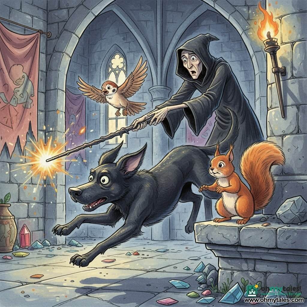Max, a black dog with a glossy coat and bead-bright eyes, appears brave and determined as he leaps muzzle forward with a paw grasping a dark magic wand; Oliver, a small light-brown sparrow with ruffled feathers, flies just above Max’s shoulder, wings beating and looking worried; Sammy, a red squirrel with soft fur and fine whiskers, stands on a stone ledge beside Max, ready to help with a bushy tail; the sorcerer, a thin silhouette in a black robe with angular folds and a hood partly hiding his face, drops the wand with skeletal fingers, surprised and defeated a few steps behind; interior of the castle: large gray stones, gothic arches, flickering torches casting long shadows, torn tapestries and shards of colored glass on the floor; main moment: the dramatic instant Max rips the wand from the sorcerer, the wand halfway, sparks of warm light contrasting with cold shadows, in a dynamic, child-friendly composition.