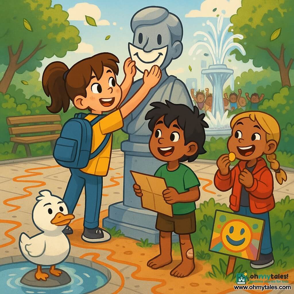 Mina, a determined 10-year-old with freckles and a brown ponytail wearing a yellow vest and blue backpack, sticks a paper smile onto a gray statue with slightly tape-sticky hands; Kai, a mischievous 10-year-old with messy black hair in a green tee and a bandage on his heel, stands beside her holding folded cardboard; Tessa, a playful 10-year-old blonde in a braid and red jacket, munches chips and applauds behind Mina; a dignified plump duck perches on a rock in a shining pond nearby; the sunny urban park has paved ground with orange chalk "lava" drawings, a sparkling fountain, worn wooden benches, green bushes and a colorful cardboard sign, and the scene is a joyful, slightly chaotic moment as children cheer, the fountain briefly mirrors a smile and leaves drift down.