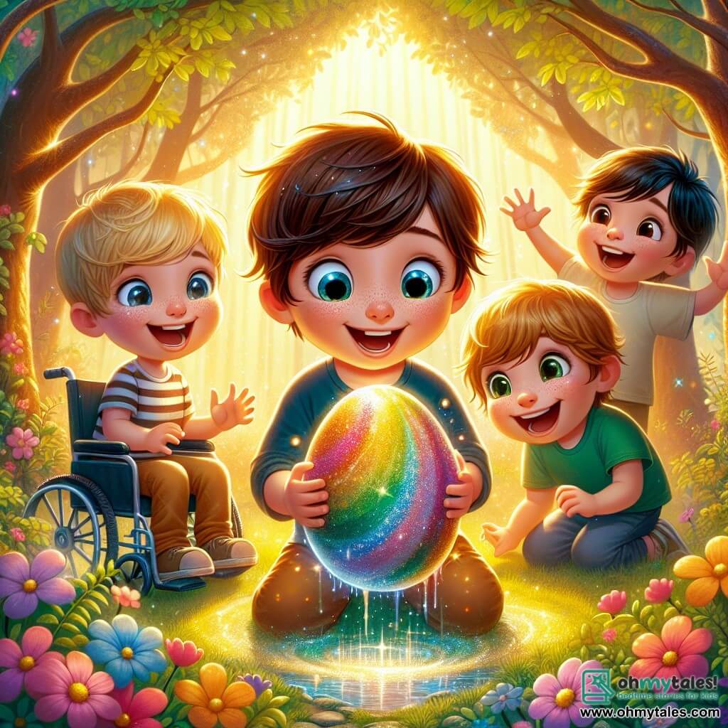 In an enchanted clearing, four seven-year-old boys stand together, surrounded by colorful flowers and large trees with shimmering leaves. Timmy, a boy with brown hair and sparkling eyes, is in the center, holding a brightly colored magical egg, with a big smile on his face. Sam, a blond boy with blue eyes, is to his right, arms raised in excitement, with paint splatters on his t-shirt. Jake, a boy with brown hair and round glasses, is on the left, laughing joyfully, with sparkles on his face. Lucas, a boy with black hair and gentle eyes, is next to Jake in his wheelchair, smiling proudly at the egg. The clearing is bathed in golden light, with sun rays filtering through the tree branches, and a sparkling stream flowing gently in the background. The boys have just discovered the Mystic Easter Egg, a rainbow-colored egg that shines with magic, revealing joyful memories in a shimmering mist surrounding them.