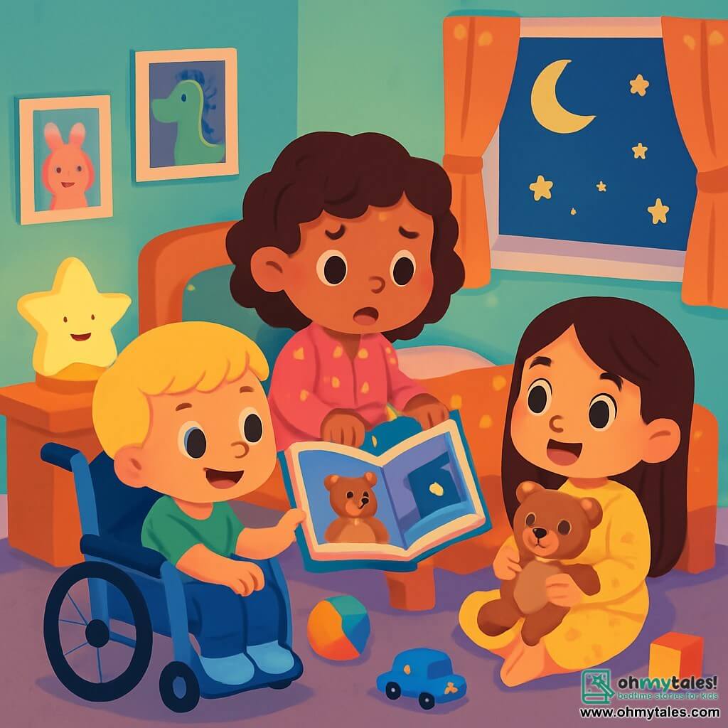 There are 3 characters: Mia, a 4-year-old girl with curly brown hair wearing a pink pajama with stars, sitting on her bed looking curious and a bit worried; Sam, a 4-year-old boy in a blue wheelchair with blond hair and a green t-shirt, smiling next to Mia while holding a picture book; and Lily, a 4-year-old girl with long smooth hair in a yellow pajama with star patterns, sitting on the floor near Mia, holding a teddy bear and eagerly looking at the book. The setting is Mia's bedroom, decorated with pastel walls and cartoon posters, featuring a large bed with colorful sheets at the center, and a soft star-shaped light illuminating the room, casting friendly shadows on the walls. Toys are scattered on the floor, and a window reveals a starry night sky. The main scene shows the three friends together in the room, sharing a moment of warmth and comfort as they read a story about a little bear afraid of the dark, surrounded by soft lights and cozy blankets, with expressions of curiosity and courage on their faces.