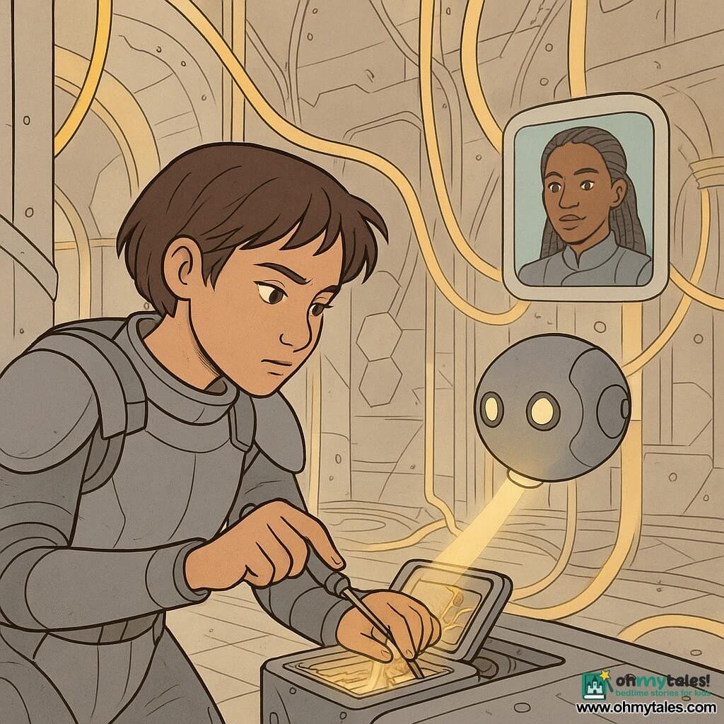 A determined, soft-faced 16-year-old girl with short brown hair in a fitted gray spacesuit with padded panels is tethered by two lanyards to a rail, leaning in to open a glowing solar mirror core casing with a small magnetic tool, focused and careful; a round maintenance drone the size of a soccer ball with a matte metal surface and small camera-eyes hovers before her, its light guiding her hand; Commander Imani, about 40, appears only as a small holographic screen above the girl's shoulder, braided hair and calm face speaking by radio; inside the solar mirror core — a large circular chamber with translucent pillars holding golden light ribbons, ordered cable-like cords, shiny hexagonal panels and textured metal walls with rivets — the girl is delicately installing a protocol cable into a bundle of light fibers as the light ribbons soothe, evoking patience and hope, composition centered on her hand, the open casing and the observing drone.