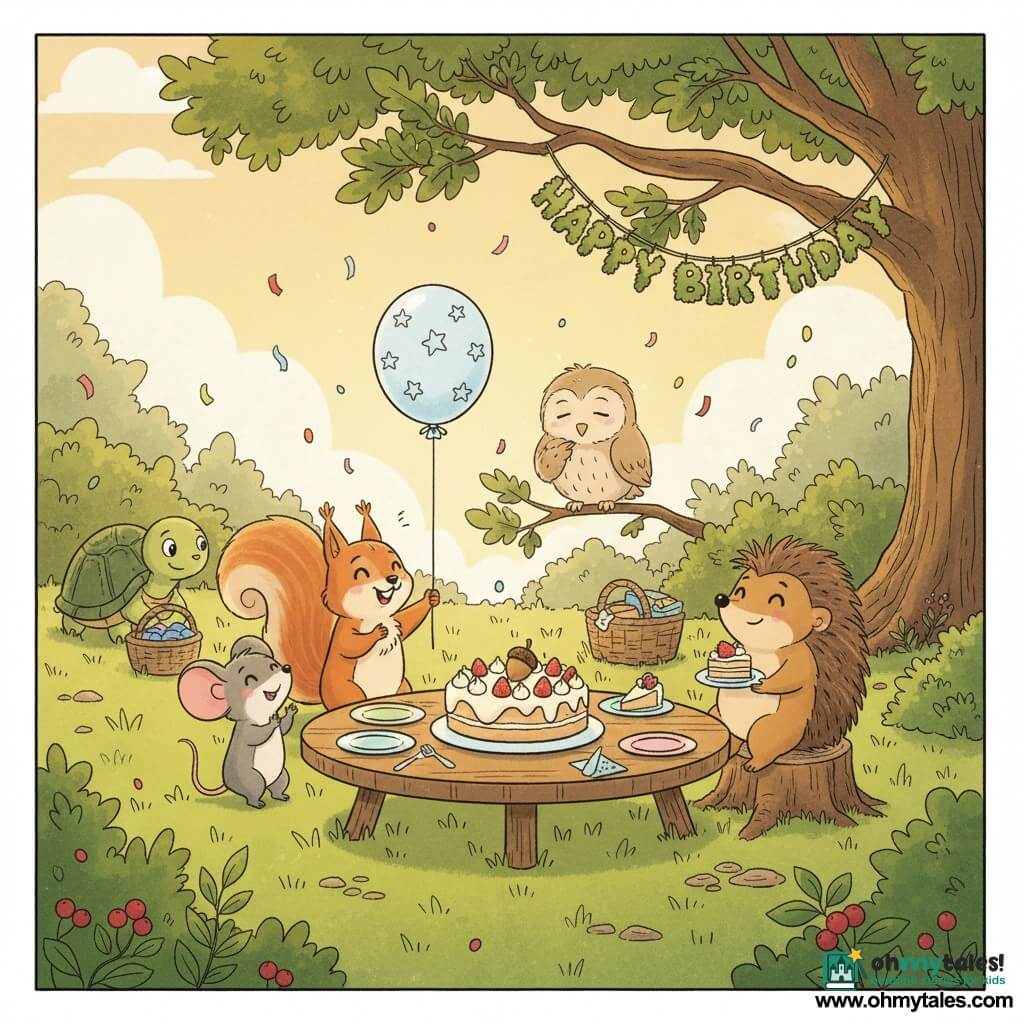 Valiant, a small red squirrel with a cream belly and a fluffy cinnamon‑swirl tail, looks joyful and holds a string tied to a pale blue starry balloon while standing by a low wooden table; Mina, a shy gray mouse with big pink ears, smiles and claps to Valiant’s left; Pip, a round brown hedgehog with soft spines, sits on a stump to the right holding a small plate of cake; Lolo, a young beige owl with large slow eyes, perches on a low oak branch behind the table blinking; Grandmother Fern, a wise turtle with a speckled green shell, rolls gently near a basket in the background with a kind smile; they’re in a sunny clearing with green grass, red berry bushes, colorful paper confetti in the air and a large oak bearing a leafy banner reading HAPPY BIRTHDAY in moss letters; on the table a round cake topped with strawberries and a small acorn confection, cream frosting, colorful plates and napkins, friends gathered in a circle laughing; overall warm pastel colors, soft lines, golden late‑afternoon light, festive, joyful and tender atmosphere.
