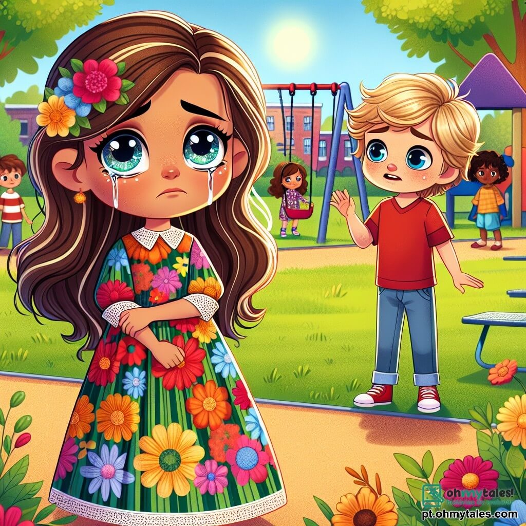 No centro da imagem, uma menina de 6 anos, Sofia, com longos cabelos castanhos e olhos brilhantes, veste um lindo vestido de flores coloridas. Ela tem uma expressão de tristeza no rosto, com lágrimas nos olhos, enquanto está sozinha no parquinho, com os braços cruzados, olhando para o chão. À sua direita, um menino de 6 anos chamado Lucas, com cabelos loiros bagunçados e uma camiseta vermelha, a observa com um ar de desculpas. Ele está ligeiramente inclinado para frente, como se quisesse se desculpar, mas parece também um pouco nervoso. Ao fundo, vê-se um pátio escolar ensolarado, com balanços, um escorregador e árvores verdes. Crianças brincam alegremente, mas Sofia se sente isolada nesse mundo colorido. A situação principal mostra Sofia, triste e sozinha, enquanto Lucas, um pouco afastado, tenta se aproximar dela para conversar e se desculpar, ilustrando o tema da reconciliação após o bullying.