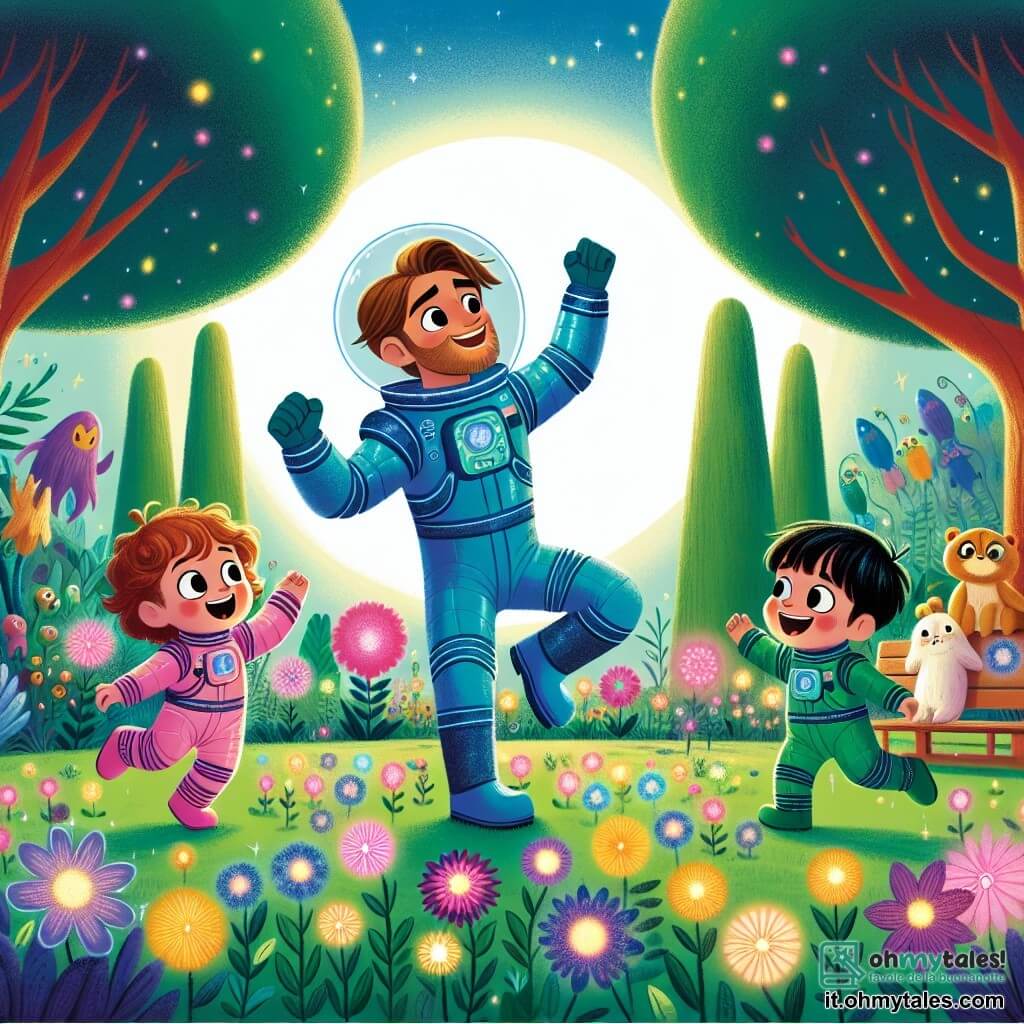 Leo, un uomo dai capelli castani e dagli occhi pieni di curiosità, indossa una tuta spaziale blu brillante. Sorride entusiasta, ballando felicemente in una radura sul pianeta Verde Luminosa, circondato da fiori luminosi e alberi maestosi. Mia, una bambina di circa 8 anni con capelli ricci e dorati, ride saltando vicino a Leo, indossando una tuta spaziale rosa, incantata dai colori vivaci dei fiori. Tommaso, un bambino di 6 anni con capelli neri e occhi sbarrati, è un po' in disparte, con le braccia alzate, pronto a unirsi alla danza. Il luogo è un paesaggio da favola, con fiori multicolori che brillano sotto un cielo blu splendente, e creature verdi danzano felicemente intorno a loro. La scena principale mostra Leo e i bambini che ballano con le creature del pianeta, celebrando il loro incontro magico in un momento di gioia e meraviglia.