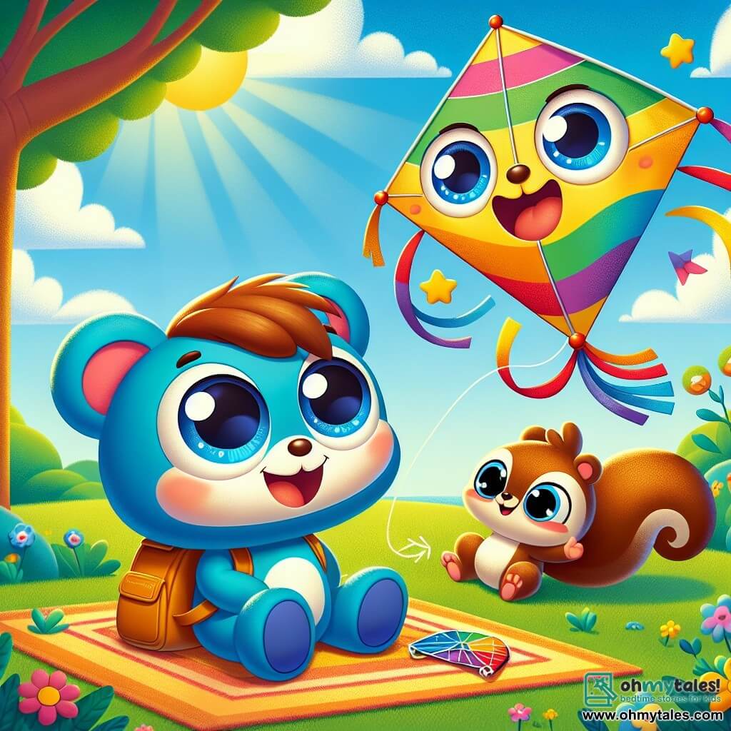 A small blue backpack named Benny, with big round eyes and a warm smile, sits on a patch of grass, radiating joy as he watches his colorful kite friend, Kale, floating in the sky. Kale, a brightly colored kite with striped patterns and stars, dances in the air, expressing great excitement and vibrant freedom. Nearby, a small squirrel named Sammy, with brown fur and sparkling eyes, climbs a tree branch, showing an expression of curiosity and wonder, ready to join his friends. The setting is a sunny park filled with bright flowers, lush trees, and a clear blue sky, creating a joyful and friendly atmosphere. The scene depicts Benny and Kale playing together, with Sammy observing, illustrating the theme of friendship and shared joy in an enchanting setting.
