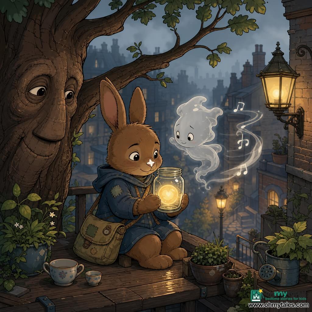 The main character is a small anthropomorphic night-guardian rabbit on a wooden balcony, soft focused, brown velour fur with a small white star on its muzzle, wearing a recycled satchel and holding a glass jar containing a round, heartlike pulsing glow while smiling slightly; secondary: a translucent silver mist spirit with a shy, sketchy face floats above leaving a trail of blurred musical notes; another secondary: a large ancient tree with a cracked chocolate trunk and knot-pattern “eyes” occupies the left margin and leans a branch toward the rabbit; setting: a misty urban night neighborhood with brick roofs, balcony gardens, vintage round lampposts casting warm light, wet cobblestones, tea cups and plant pots on the balcony; mood: calm, intimate, magical scene of the rabbit tending the glow as the spirit regains its song, close framing with a blurred city background, palette of gray-blue mist, warm gold lamps, and soft greens.