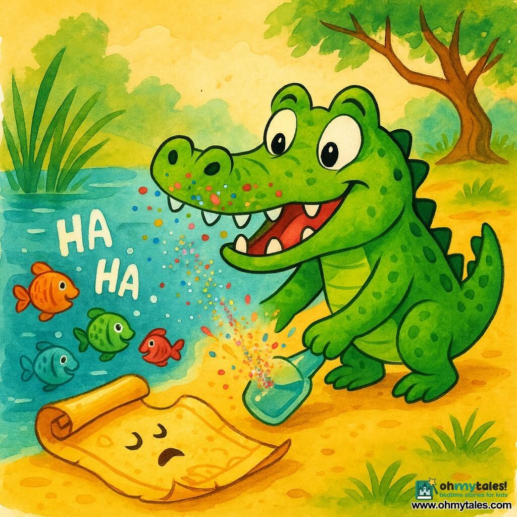 A bright green crocodile with round teeth and a sparkling smile, snout full of confetti, looks surprised and amused as it gently nudges a small clear bottle on a sunny riverbank; a rolled map with gilded edges and a little drawn mouth has sneezed multicolored glitter and floats half-unrolled on the sand, while several round colorful fish in the blue-green water laugh, their bubbles rising to form HA letters—playful scene, vivid colors, light ink lines and watercolor texture.