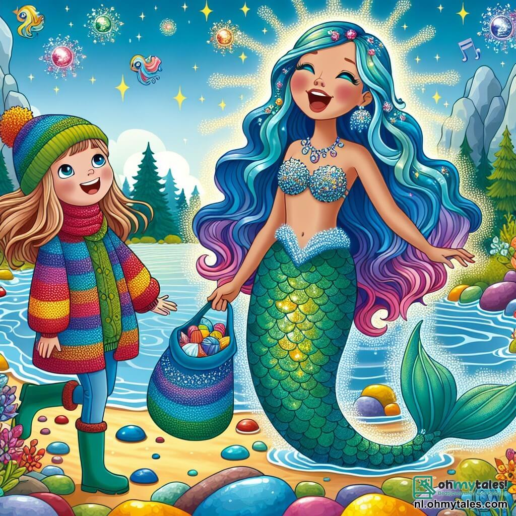 Een zeemeermin genaamd Marina, met lange golvende haren in de kleuren van de oceaan, straalt onder de zon. Ze heeft glinsterende schubben, variërend van diepblauw tot smaragdgroen, en zingt vrolijk, met twinkelende ogen van blijdschap. Naast haar staat Lila, een meisje van ongeveer 10 jaar, met een kleurrijke jas en een wollen sjaal, die met verwondering glimlacht. Ze houdt een tas vol lekkernijen vast, klaar om te delen met haar nieuwe vriendin. De scène speelt zich af aan de oever van een magische rivier, waar het water zingend stroomt, omringd door glanzende stenen in felle kleuren. Kleurrijke bloemen bloeien aan de oevers, wat een vleugje magie aan de omgeving toevoegt. De hoofdsetting toont Marina en Lila die samen zingen, hun stemmen stijgen in de lucht terwijl de rivier om hen heen schittert, wat een feeërieke en blije sfeer creëert.