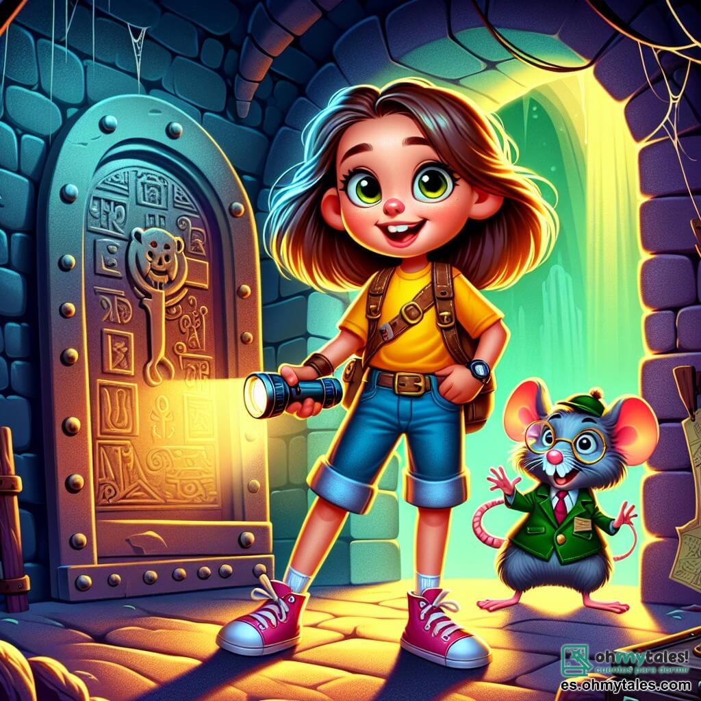 Una niña de 10 años, Valentina, con largos cabellos castaños y ojos llenos de curiosidad, se encuentra frente a una puerta de hierro adornada con símbolos misteriosos. Lleva una camiseta amarilla brillante y un pantalón corto de mezclilla, sosteniendo una linterna en una mano y un mapa antiguo en la otra, su rostro irradia emoción y valentía. A su lado, un pequeño ratón llamado Don Nicanor, vestido con un elegante chaleco verde y gafas redondas, la observa con una sonrisa alentadora, listo para ayudarla en su aventura. El escenario es un túnel oscuro y antiguo, con paredes de piedra rugosa, iluminado por la suave luz de la linterna de Valentina, donde sombras bailan en las paredes. Telarañas cuelgan de las esquinas y el suelo está cubierto de polvo, añadiendo una atmósfera de misterio. La situación principal muestra a Valentina, llena de determinación, lista para abrir la puerta de hierro y descubrir el tesoro oculto detrás, mientras Don Nicanor le susurra palabras de aliento.