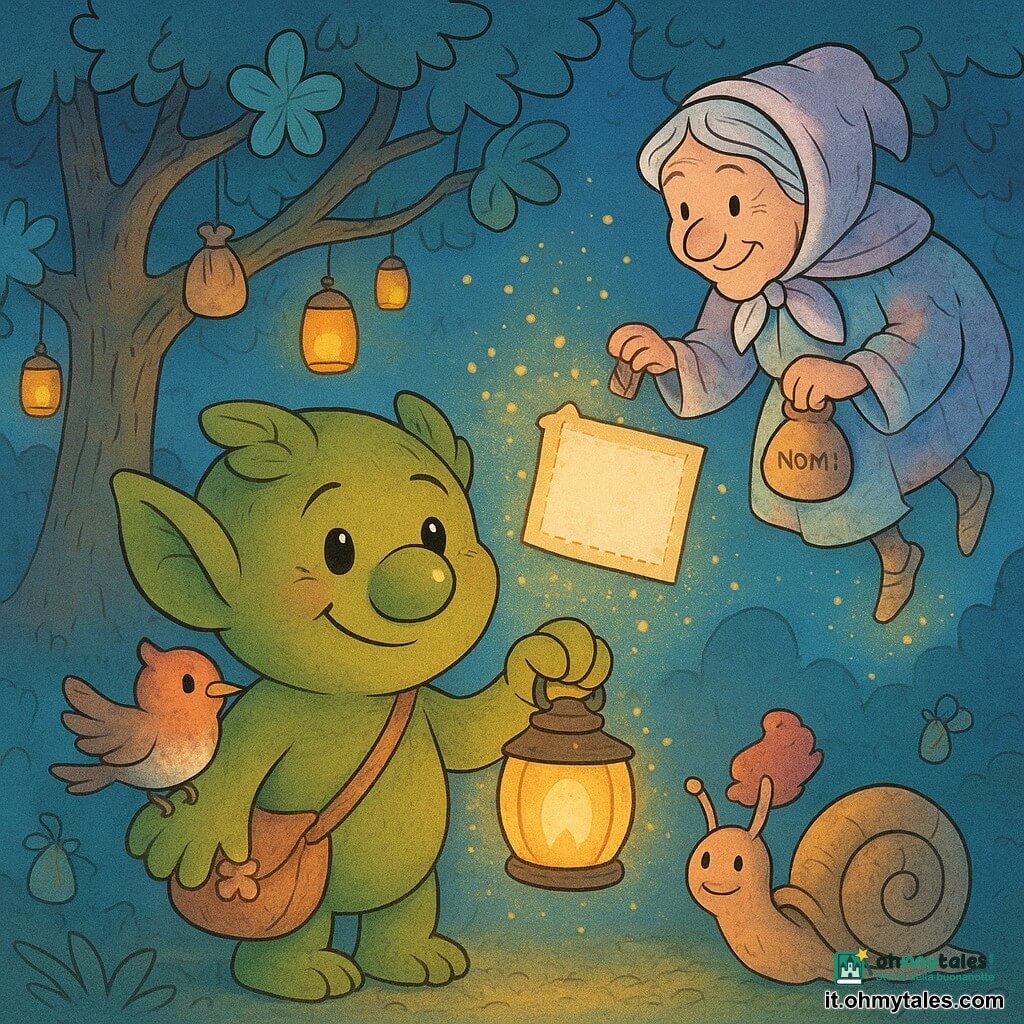 Un piccolo troll di nome Nomino, felice ed emozionato, sorride timidamente: orecchie a foglia soffici, naso tondo verde brillante, pelle vellutata color muschio e una piccola bisaccia di petali; tiene una lanterna calda che illumina il suo volto mentre guarda un'etichetta che galleggia davanti a lui. Dietro, leggermente sollevata, Nonna Nebbia, anziana volante di circa 70 anni, indossa una giacca di stoffa dai sogni pastello e scarpe che lasciano scintille di zucchero, tenendo un sacchetto di nomi. A sinistra uno lumaca con cilindro, corpo lucente e piccolo sorriso batte la conchiglia come un tamburello; sulla spalla destra di Nomino è posato un piccolo uccello crestato rosa che sbatte le ali curioso verso la lanterna. Intorno, la valle sospesa è piena di lanterne ambrate fluttuanti, una grande quercia azzurra dalle foglie a forma di farfalla e sacchetti di tessuto appesi ai rami con nomi. La scena cattura il momento magico in cui la lanterna rivela frammenti di nome luminosi sopra Nomino, con particelle dorate che vorticano nell'aria e amici sorridenti: atmosfera notturna, fiabesca e morbida, colori caldi (ambra, verde muschio, azzurro cielo) e texture soffici come velluto e carta.