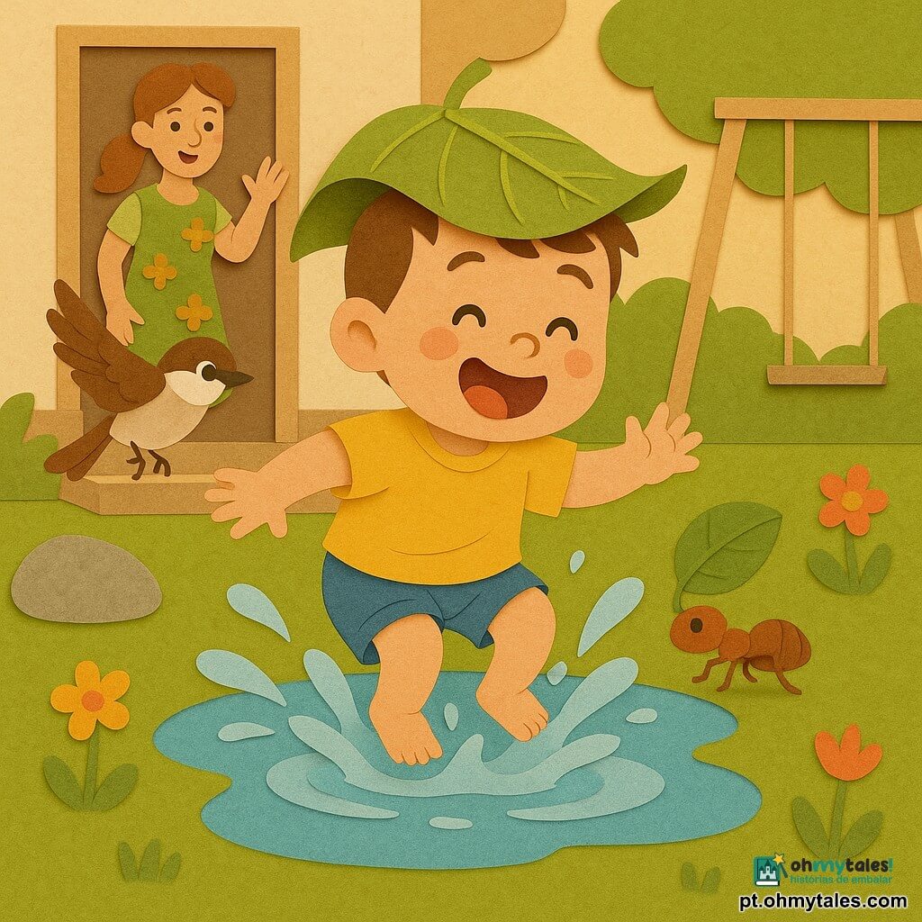 Um menino de 2 anos, alegre, cabelos castanhos curtos, vestindo camiseta amarela e shorts azuis, salta numa grande poça espirránd o, pernas dobradas e braços abertos; a mãe, calorosa, cabelos castanho-claro presos em rabo de cavalo e vestido verde florido, está no alpendre ao fundo acenando com a mão direita; um pequeno pássaro marrom e branco voa à frente do menino sobre uma pedra; uma formiga avermelhada carrega uma folha na borda da poça perto do pé do menino; o jardim é simples e colorido com relva texturada, uma pedra cinzenta, poça brilhante com reflexos azuis e brancos, flores estilizadas e um balanço vazio; cena de aventura alegre e tátil em que o menino explora pulando na água, segue o pássaro e usa uma grande folha como chapéu enquanto a mãe observa.