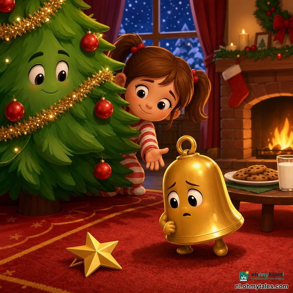 Een klein gouden kerstbelletje (levend, glanzend, bezorgd) met donkere ronde oogjes helt het hoofd en kijkt verdrietig maar vastberaden; links staat een klein versierd dennenboompje (helder groen, rode ballen, slinger) dat het belletje vriendelijk aankijkt; een meisje in gestreepte pyjama (twee staartjes) hurkt achter de boom en steekt haar hand helpend uit; de gezellige kerstkamer heeft een rood tapijt, bakstenen open haard, koekjes en een schaal melk op de salontafel en sneeuwvlokken aan het raam; het belletje zoekt zijn verloren piekster aan de voet van de boom in een zachte, nachtelijke, warme en magische sfeer met duidelijke expressies voor kleintjes.