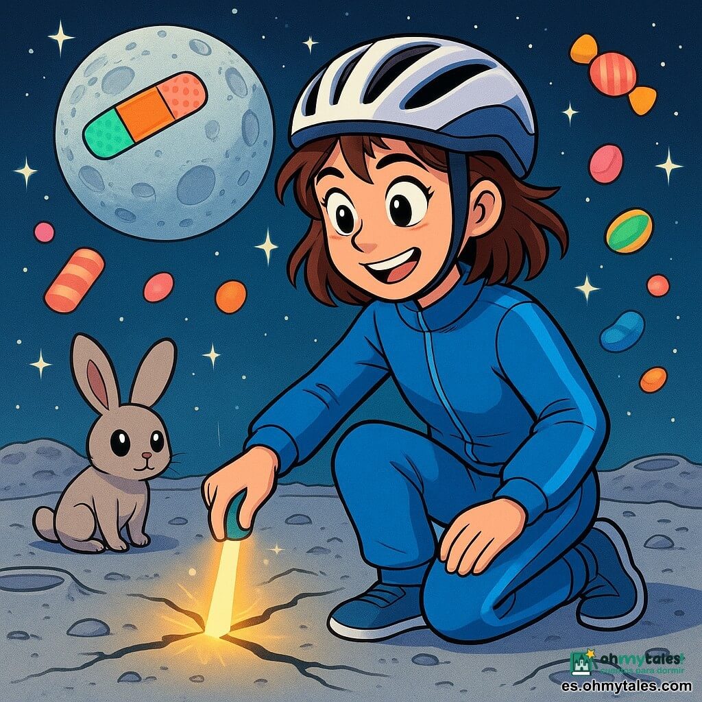Una niña de 12 años, Lucía, con cabello castaño despeinado y ojos brillantes de curiosidad, está sentada en un cráter lunar. Lleva un chándal azul y un casco de bicicleta, su rostro irradia emoción y determinación. A su lado, un pequeño conejo de polvo lunar llamado Polvo, con grandes orejas y ojos brillantes, observa la escena con una expresión traviesa. Al fondo, la luna brilla con un resplandor plateado, adornada con una tirita de colores, mientras estrellas centelleantes danzan a su alrededor. La superficie lunar está salpicada de cráteres y polvo, con nubes de caramelos de colores cayendo del cielo. Lucía está colocando una banda de luz brillante sobre una grieta en el suelo lunar, lista para reparar la luna con una sonrisa confiada.