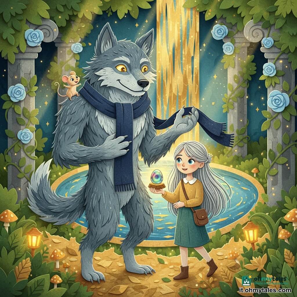 Un grande lupo mannaro benevolo dal pelo grigio-blu, texture come carta stropicciata, sorride con occhi luminosi, tiene una sciarpa blu navy e si pone in atteggiamento protettivo con una zampa avanti; una bambina umana, Nila, circa 9 anni, capelli argentati come fili di seta, porta una piccola bisaccia di tela e tiene delicatamente una piccola pietra lucente dai colori di foresta su un piedistallo, con aria meravigliata e rassicurata; una topolina beige di nome Tilla sta sulla spalla del lupo facendo piccole giravolte di gioia; sullo sfondo le rovine del "Cuore": colonne di pietra coperte di edera verde, rose azzurro pallido e una cascata che scende a nastri d'oro in un lago ovale scintillante; terreno come carta strappata con foglie dorate e piccoli funghi-lanterna luminosi attorno al piedistallo; la pietra centrale è piccola, levigata, iridescente come una perla che emana un alone caldo e morbido in strati di carta translucida; atmosfera generale di toni caldi e verdi, contrasti netti a effetto sagomato, raggi di luce dorata e atmosfera magica e rassicurante.