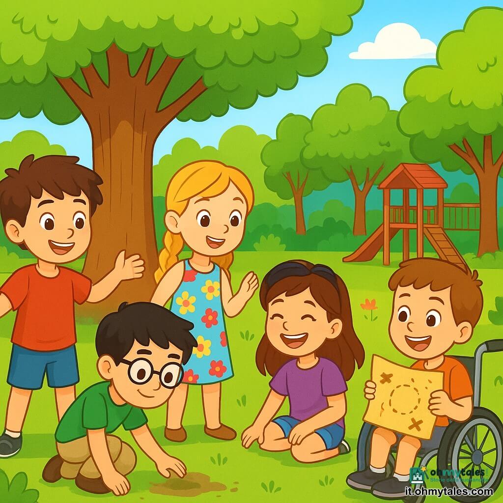 Ci sono 5 bambini: - Luca: un ragazzo di 8 anni, con capelli castani disordinati e occhi scintillanti. Indossa una maglietta rossa e pantaloni blu. È in piedi, sorridente, con le braccia aperte, pronto ad accogliere un nuovo amico. - Giulia: una ragazza di 7 anni, con lunghi capelli biondi intrecciati e un vestito a fiori colorati. È accanto a Luca, facendo un gesto amichevole con la mano. - Marco: un ragazzo di 8 anni, con capelli neri e occhiali rotondi. Indossa una maglietta verde e pantaloni beige. È accovacciato, cercando indizi nel terreno. - Sofia: una ragazza di 7 anni, con capelli castani e occhiali da sole sulla testa. Indossa una maglietta viola e pantaloni di jeans. È seduta sull'erba, ridendo con entusiasmo. - Tommaso: un ragazzo di 7 anni, con capelli castani e un grande sorriso. È su una sedia a rotelle, vestito con una maglietta arancione e pantaloni grigi. Tiene una mappa del tesoro e guarda i suoi amici con gioia. L'ambientazione è un parco verdeggiante, con grandi alberi, fiori colorati e un'area giochi in legno. Al centro c'è una grande quercia, sotto la quale i bambini si riuniscono, circondati da risate e giochi. I bambini stanno preparando una caccia al tesoro, uniti e entusiasti, con sorrisi radiosi. Tommaso, con la sua mappa, spiega gli indizi mentre i suoi amici lo ascoltano attentamente, creando un'atmosfera di amicizia e gioia.