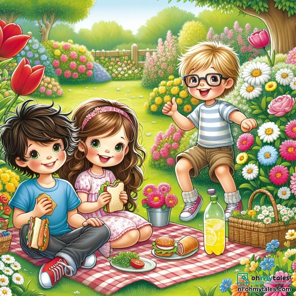 In een kleurrijke tuin in de lente maken vier kinderen een vrolijke picknick. Sam, een 8-jarig jongetje met rommelig bruin haar en een blauwe t-shirt, zit op een grote geruite deken, glimlachend en met een sandwich in de hand. Naast hem bewondert Noor, een 7-jarig meisje met lange krullen in een roze jurk, de bloemen terwijl ze een klein flesje limonade vasthoudt. Jesse, een 8-jarig jongetje met een bril en blond haar, staat trots een grote bloem te tonen die hij heeft geplukt, terwijl Mila, een 6-jarig meisje met een kleine vlecht en een gele jurk, om hen heen danst, lachend en met een klein potje met een plant dat ze heeft gekweekt. De tuin is gevuld met stralende bloemen in alle kleuren: rode tulpen, witte madeliefjes en gele narcissen, terwijl bloeiende bomen een vleugje magie aan de achtergrond toevoegen. De lucht is helderblauw met enkele donzige witte wolken, en de zon schijnt, wat een vrolijke en speelse sfeer creëert. De kinderen genieten van een gelukkig moment, delen lachen en verhalen terwijl ze de schoonheid van hun lentetuin bewonderen, symbool van hun vriendschap en hun harde werk om hun stukje paradijs te laten bloeien.