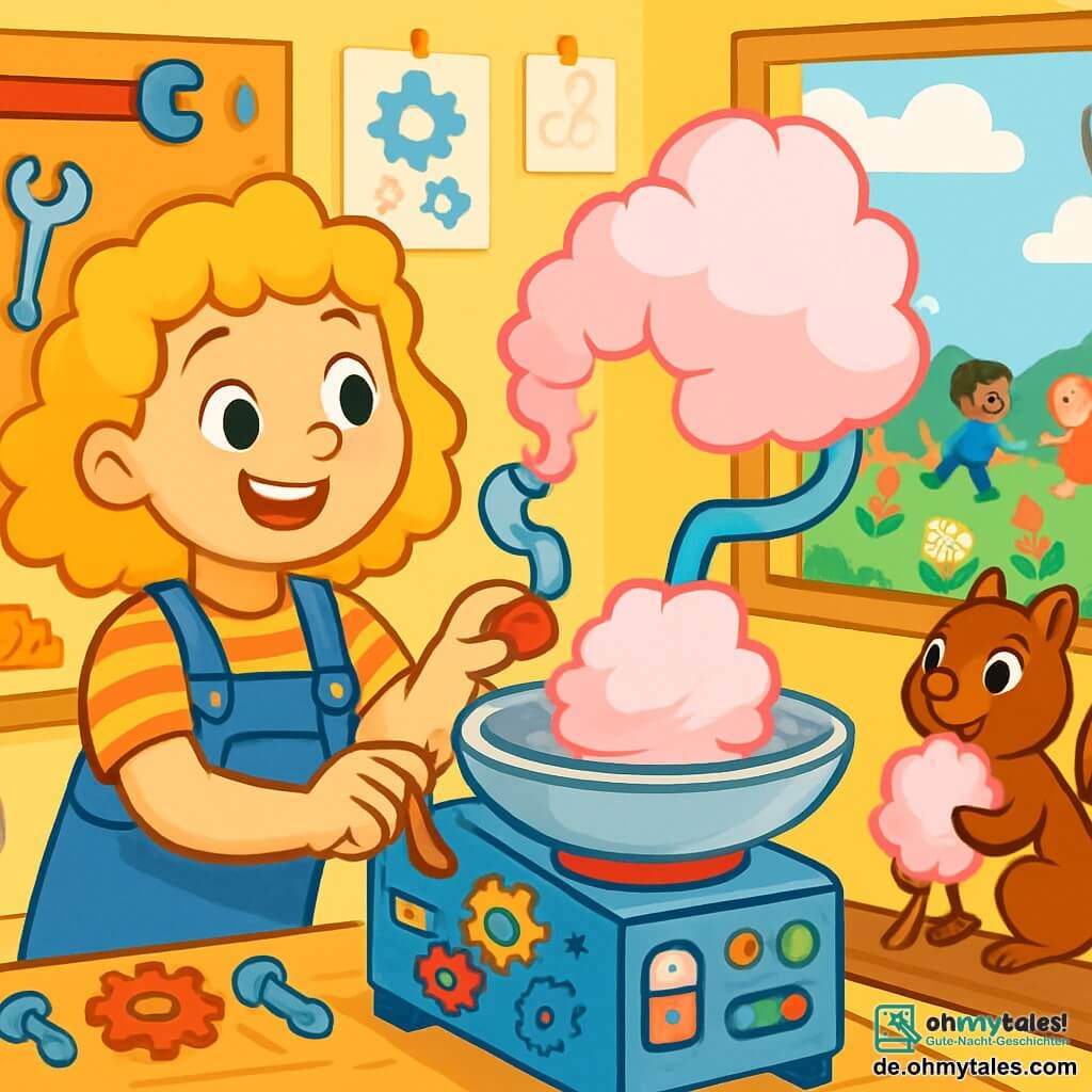 Lotte, eine junge Frau mit lockigem, blondem Haar, trägt einen blauen Overall und ein gestreiftes T-Shirt. Sie hat ein breites, fröhliches Lächeln und funkelnde Augen, während sie die Knöpfe ihrer Zuckerwattemaschine einstellt. Neben ihr sitzt ein kleiner Eichhörnchen namens Max mit braunem Fell und lebhaften Augen, der ein Stück rosa Zuckerwatte genießt, auf einem Ast. Die Szene spielt in einer bunten Werkstatt, gefüllt mit Werkzeugen, Maschinenteilen und Zeichnungen an den Wänden, mit einem großen Fenster, das Sonnenlicht hereinlässt. Draußen schwebt ein blauer Himmel mit weißen Wolken über einem blühenden Garten, in dem Kinder lachen und spielen. Lotte betreibt ihre skurrile Maschine, die eine kleine Wolke ansaugt und deren Inhalt in einen Berg köstlicher Zuckerwatte verwandelt, was eine Atmosphäre von Freude und Magie schafft.