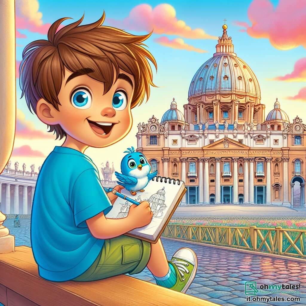 Un ragazzo di 6 anni di nome Luca, con capelli castani disordinati e occhi pieni di curiosità, è seduto su una panchina in Vaticano, un grande sorriso illumina il suo volto. Indossa una maglietta blu brillante e pantaloni verdi, tenendo un piccolo taccuino da disegno tra le mani, pronto a ritrarre le meraviglie che lo circondano. Accanto a lui, un piccolo uccello blu di nome Cielo, con piumaggio splendente e occhi brillanti, si posa sullo schienale della panchina. Cielo guarda Luca con un'espressione gioiosa, pronto a condividere storie affascinanti sul luogo. Il panorama è maestoso, con la basilica di San Pietro sullo sfondo, i suoi imponenti cupole e colonne eleganti, immersi nella luce dorata del sole al tramonto. Nuvole rosa e arancioni fluttuano nel cielo, aggiungendo un tocco magico alla scena. Luca, meravigliato, disegna i dettagli architettonici della basilica, mentre Cielo gli racconta storie di avventure passate, creando un'atmosfera di stupore e scoperta.