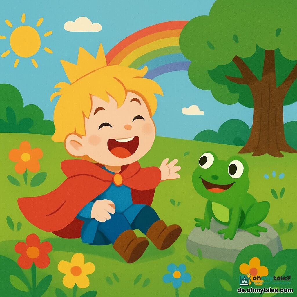 Ein kleiner Prinz namens Max, 6 Jahre alt, mit zerzausten blonden Haaren und neugierigen, funkelnden Augen, trägt einen wunderschönen roten Mantel, der um ihn weht. Er lacht fröhlich, sitzt auf dem grünen Gras, umgeben von bunten Blumen, die im Wind tanzen. Neben ihm springt ein lebhaft grüner Frosch mit großen runden Augen und glänzender Haut fröhlich und schaut Max neugierig an. Er sitzt nur wenige Zentimeter von Max entfernt auf einem Stein in der Nähe des großen Baumes. Der Ort ist ein zauberhafter Garten, voller leuchtender Blumen in allen Farben, mit einem majestätischen großen Baum im Hintergrund. Eine sanfte Sonne scheint am blauen Himmel, und ein schimmernder Regenbogen fügt der Szene einen magischen Touch hinzu. Max, der kleine Prinz, spielt und lacht, während er versucht, den kleinen Frosch zu fangen, der um ihn herum springt, und schafft so eine fröhliche und lebendige Atmosphäre.