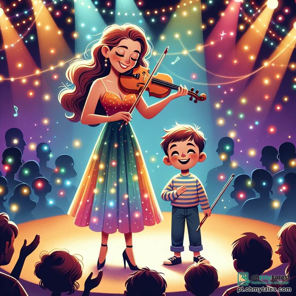 Uma mulher chamada Luisa, com longos cabelos castanhos ondulados e um sorriso caloroso, está no palco segurando um violino. Ela usa um vestido colorido e radiante, e seu rosto expressa alegria e paixão por cantar. Ao lado dela, um menino chamado Pedro, com cerca de 8 anos, cabelos curtos e olhos brilhantes de curiosidade, está no mesmo microfone, sorrindo com admiração. Ele veste uma camiseta listrada e jeans. O local é um pequeno clube de jazz, com luzes coloridas dançando nas paredes, mesas de madeira e cadeiras confortáveis, criando uma atmosfera calorosa e mágica. A cena é cercada por cortinas vermelhas, e o público, de todas as idades, aplaude entusiasticamente. A situação principal mostra Luisa e Pedro cantando juntos, compartilhando um momento de felicidade e música, enquanto o público os escuta com admiração, criando uma atmosfera de magia e alegria.