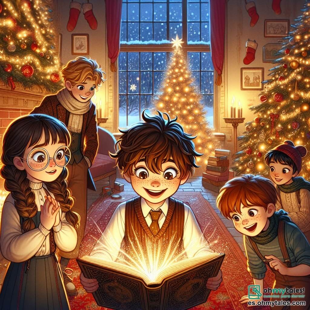 En una cálida sala de estar de un orfanato, cuatro niños se agrupan alrededor de un gran árbol de Navidad decorado con guirnaldas brillantes y bolas de colores. Lucas, un niño de diez años con el cabello castaño alborotado y ojos brillantes, sonríe entusiasmado mientras sostiene un libro mágico. A su lado, Ana, una niña de nueve años con largas trenzas rubias y gafas redondas, observa el libro con asombro. Pablo, un niño de diez años con cabello negro y pecas, se acerca con curiosidad, mientras que Martín, un niño de ocho años con cabello castaño y ojos traviesos, señala una página brillante del libro. La habitación está llena de luces suaves y decoraciones festivas, con copos de nieve visibles a través de la ventana, creando una atmósfera mágica y alegre. Un gran tapete rojo cubre el suelo y las medias de Navidad están colgadas en la chimenea. La escena principal muestra a los niños descubriendo el libro mágico que concede deseos, mientras destellos de luz dorada los rodean, simbolizando la magia de la Navidad que los une en un momento de felicidad y amistad.